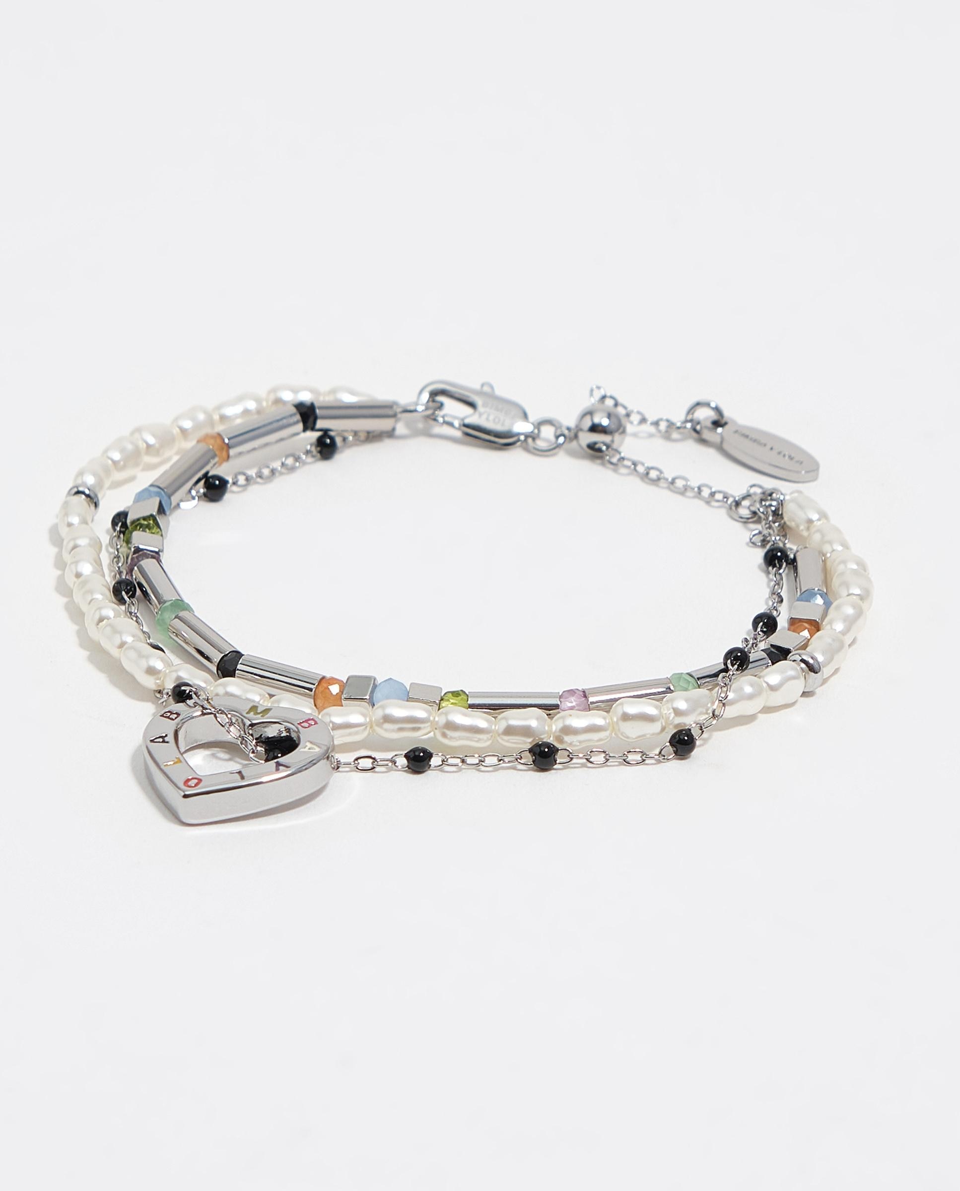 Pulseira Tripla com Corrente e Pérolas com Logo Coração Prateada Prateado-1