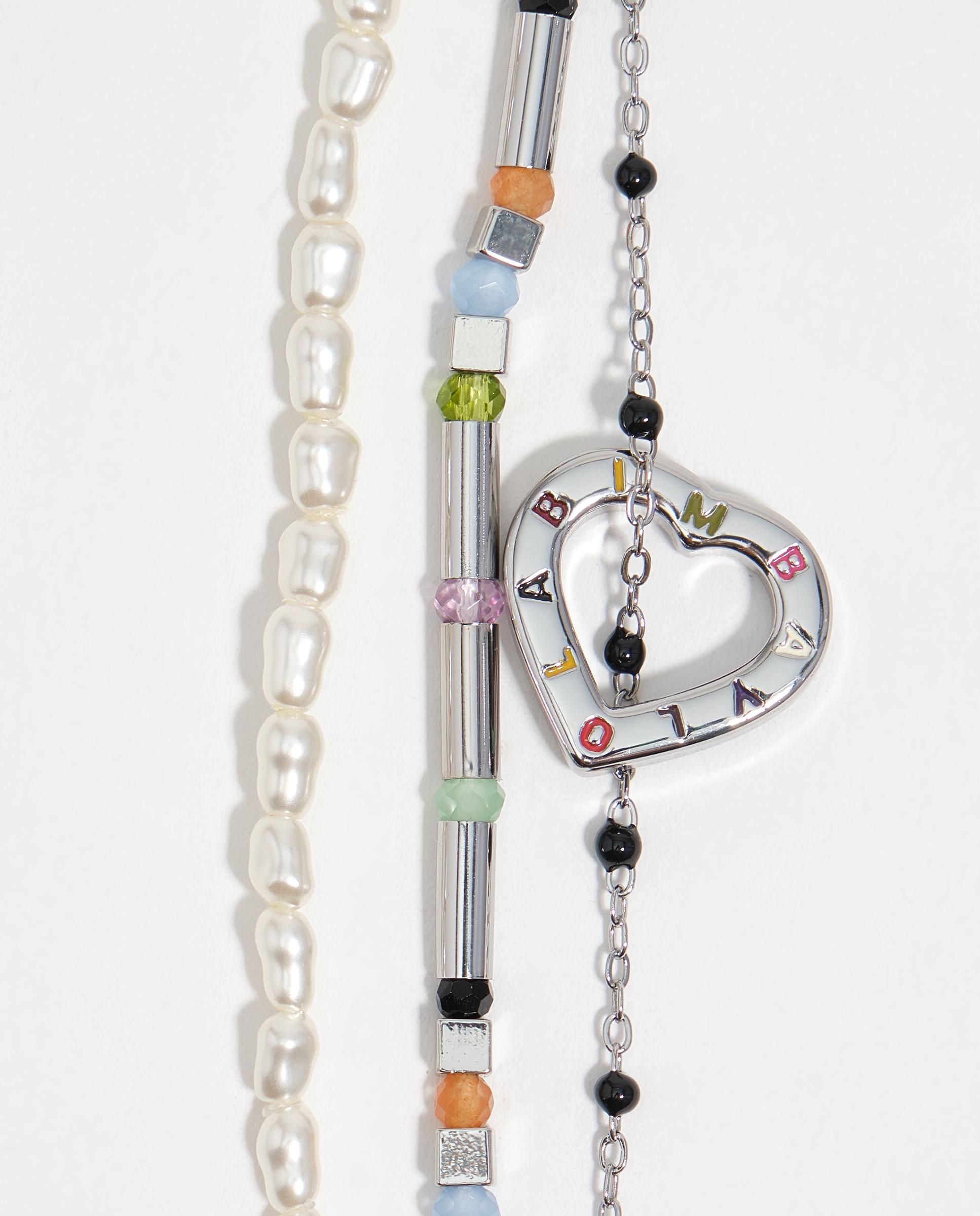 Pulseira Tripla com Corrente e Pérolas com Logo Coração Prateada Prateado-2