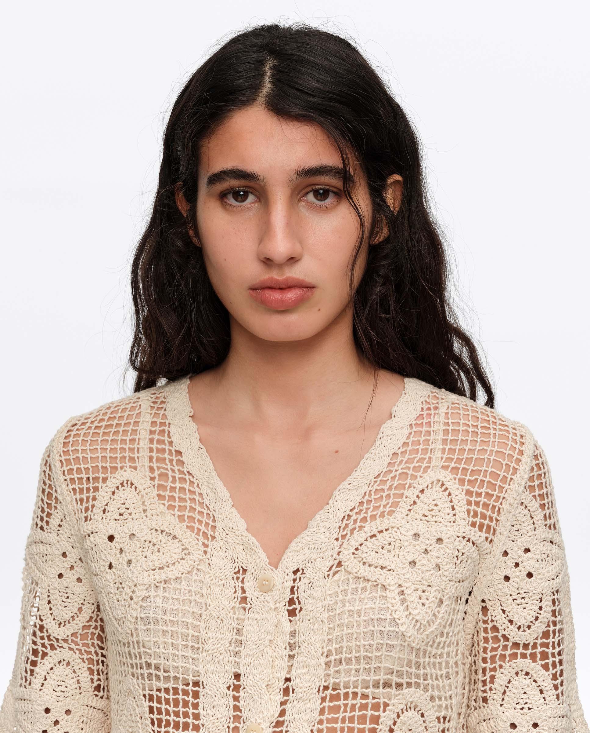 Cardigan de Malha Perfurada Areia-2