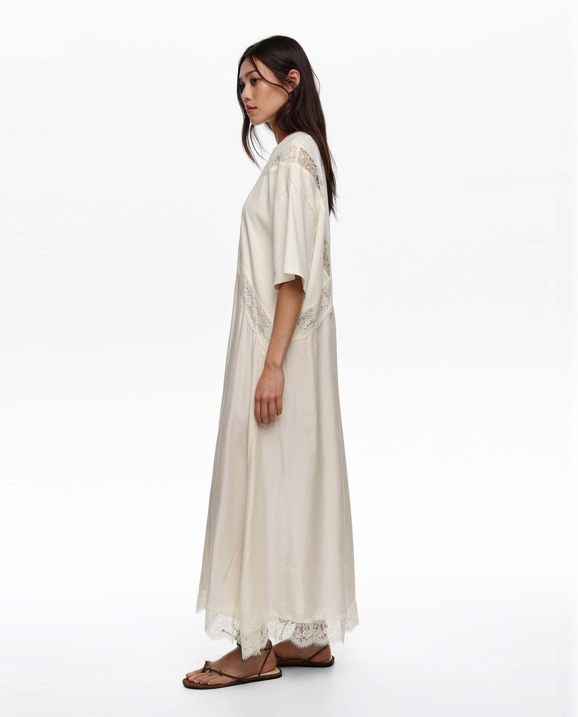 Vestido Comprido Bimaterial Rendas Marfim-3