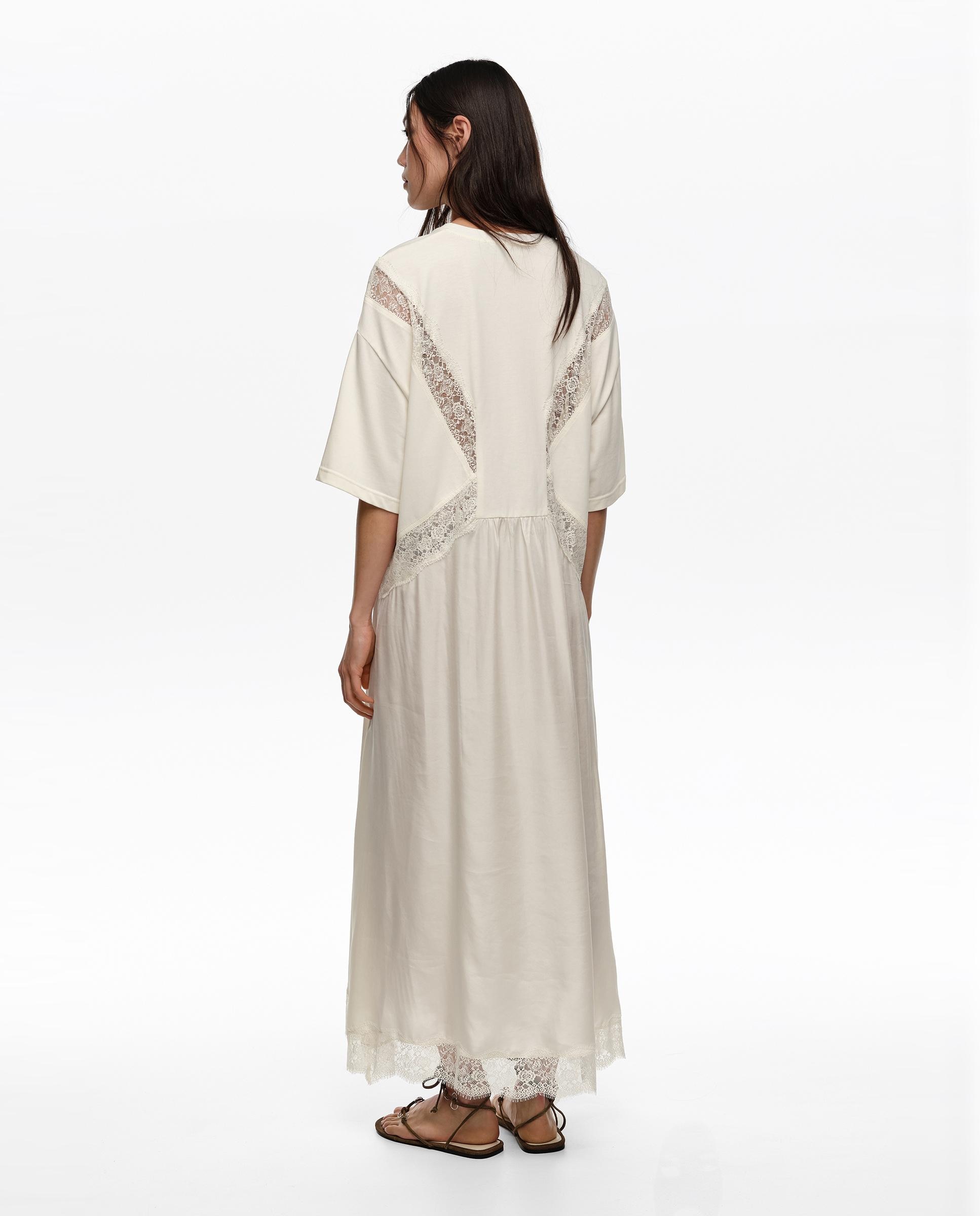 Vestido Comprido Bimaterial Rendas Marfim-4