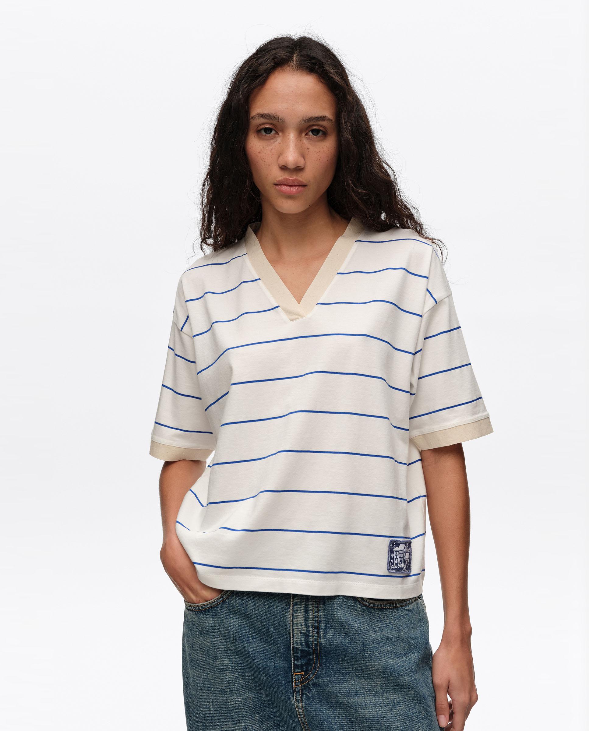 T-shirt com Tira de Algodão Às Riscas Branco-2
