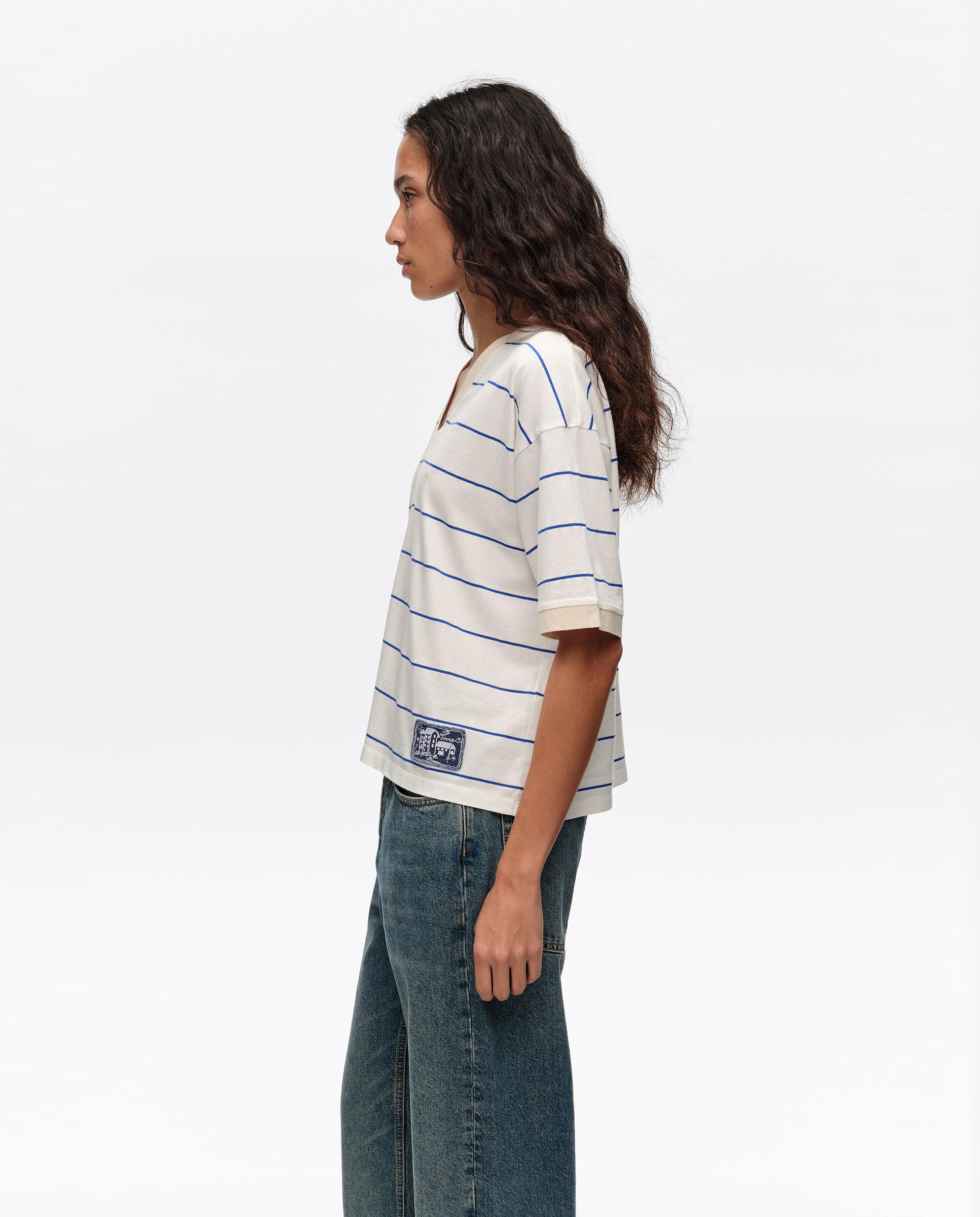 T-shirt com Tira de Algodão Às Riscas Branco-4