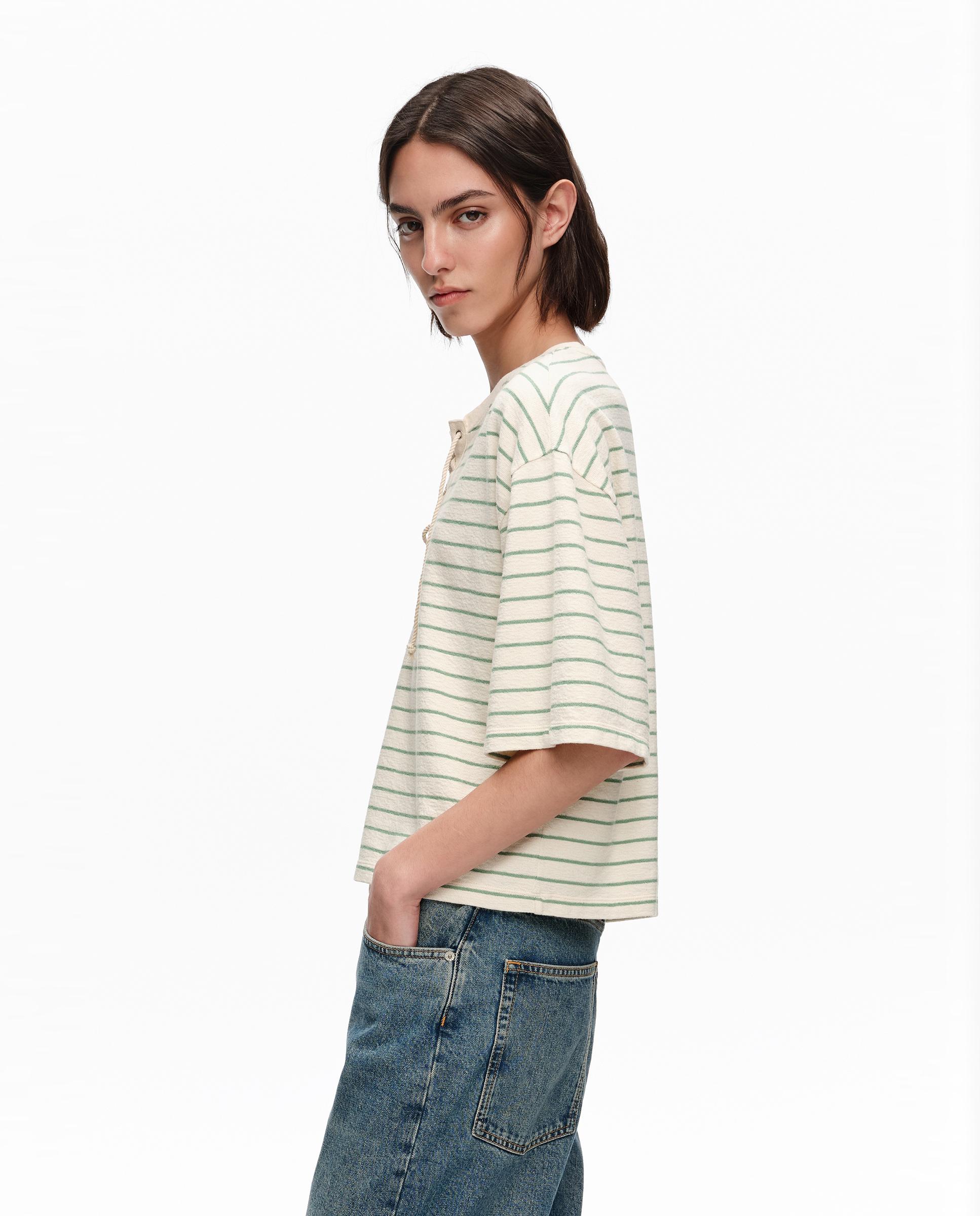 T-shirt com Decote Redondo Ajustável Às Riscas Verde-3