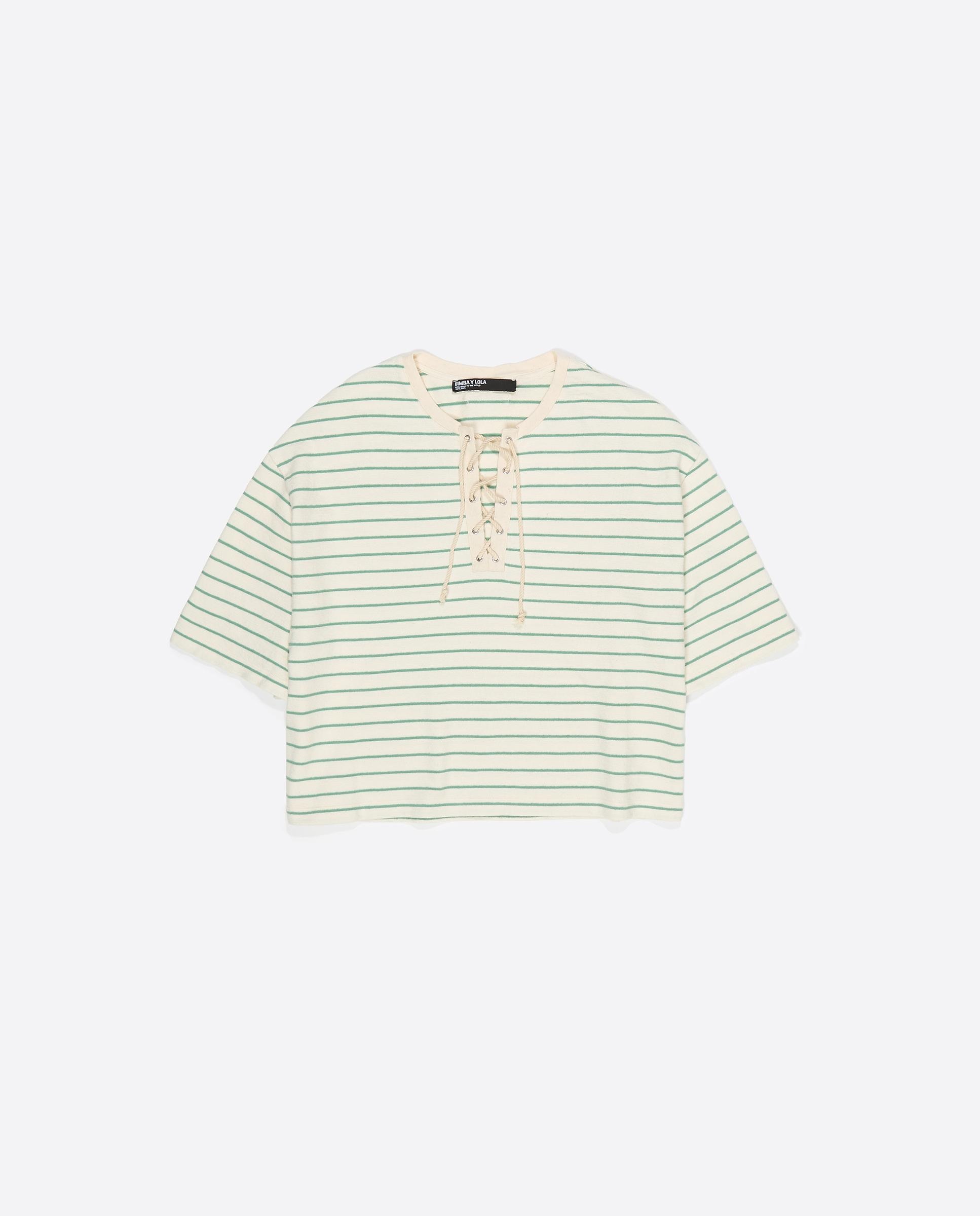 T-shirt com Decote Redondo Ajustável Às Riscas Verde-6