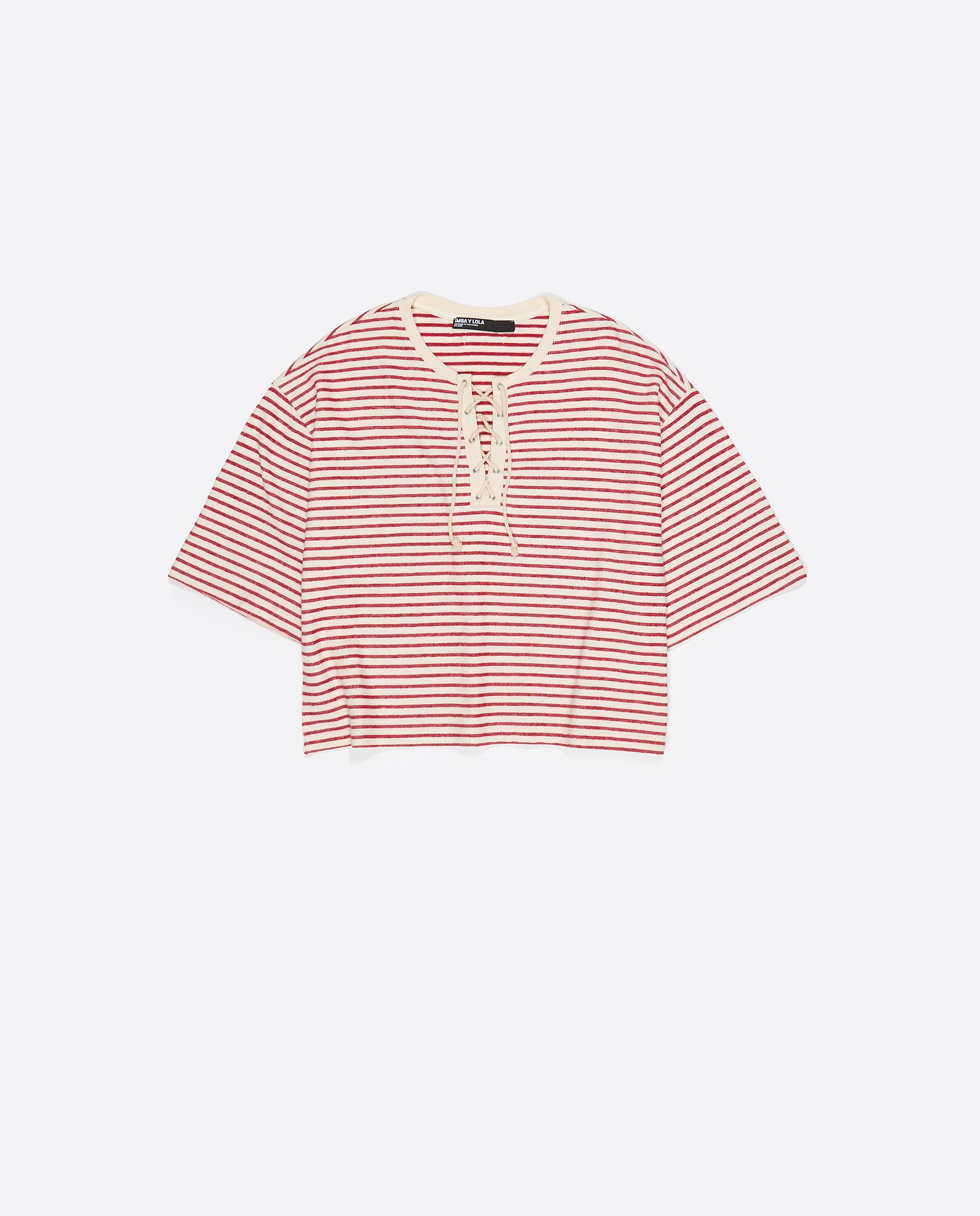 T-shirt com Decote Redondo Ajustável Às Riscas Vermelho-6