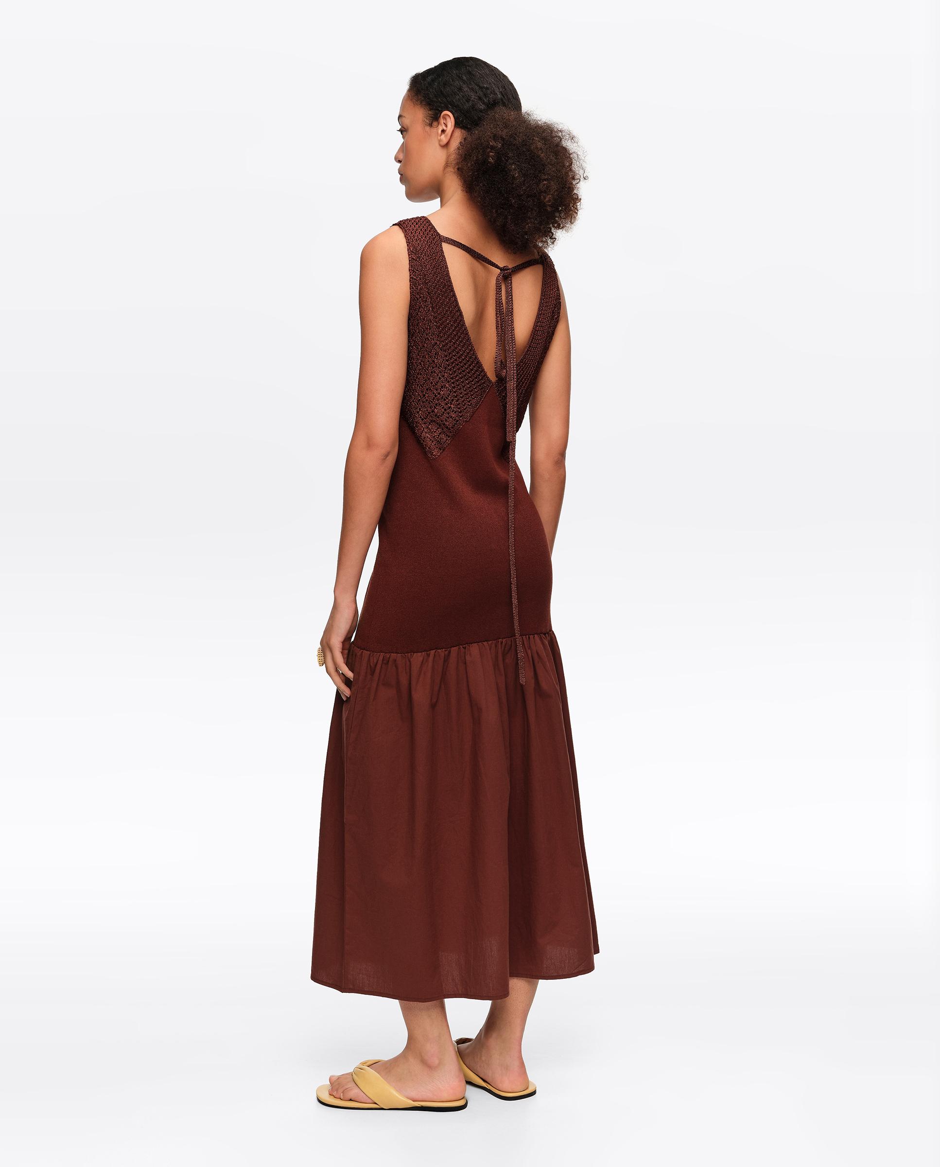 Vestido Bimaterial de Linha em Malha Castanho-4