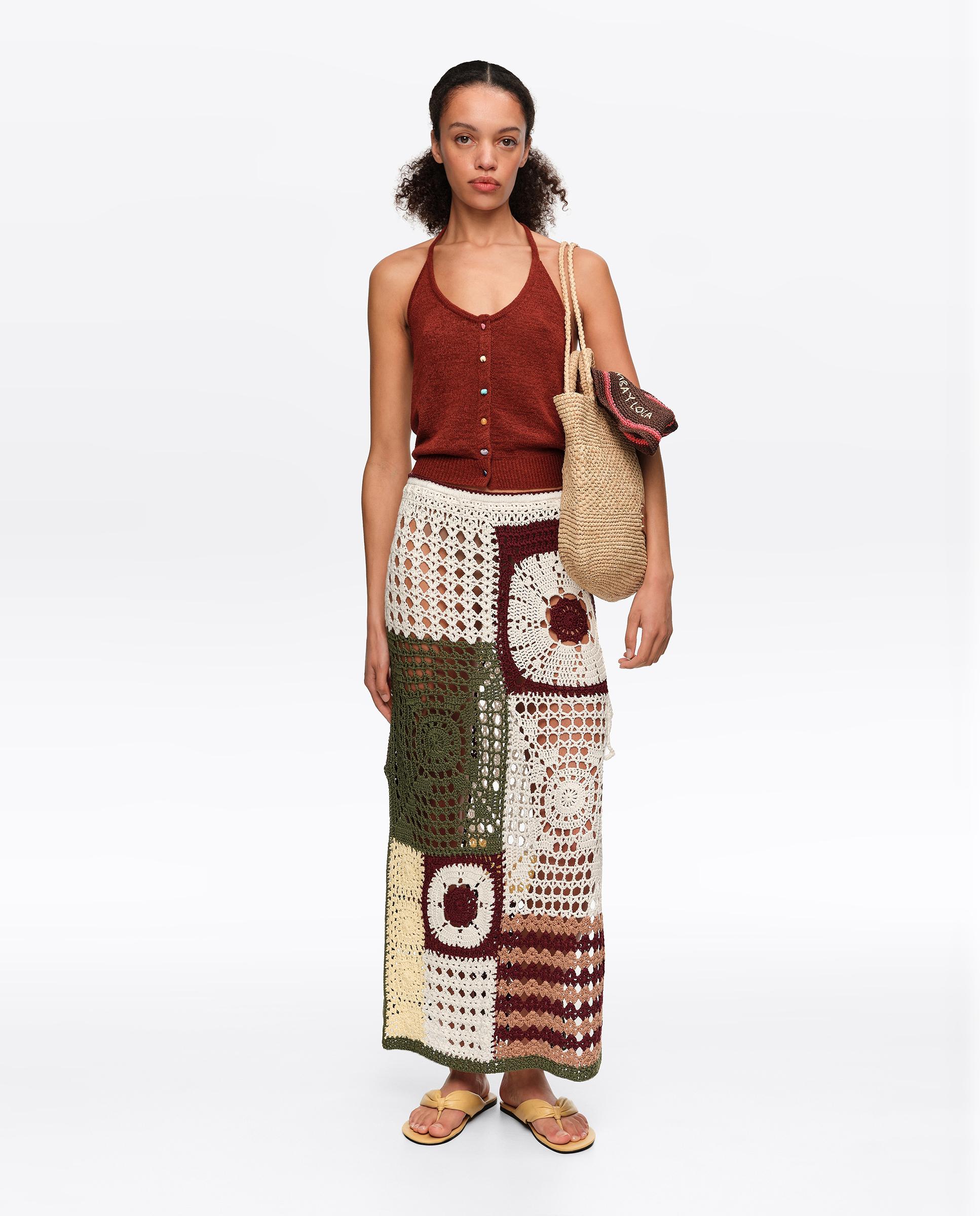 Saia Midi com Corte a Direito de Crochet Multicolor Multicolor-7
