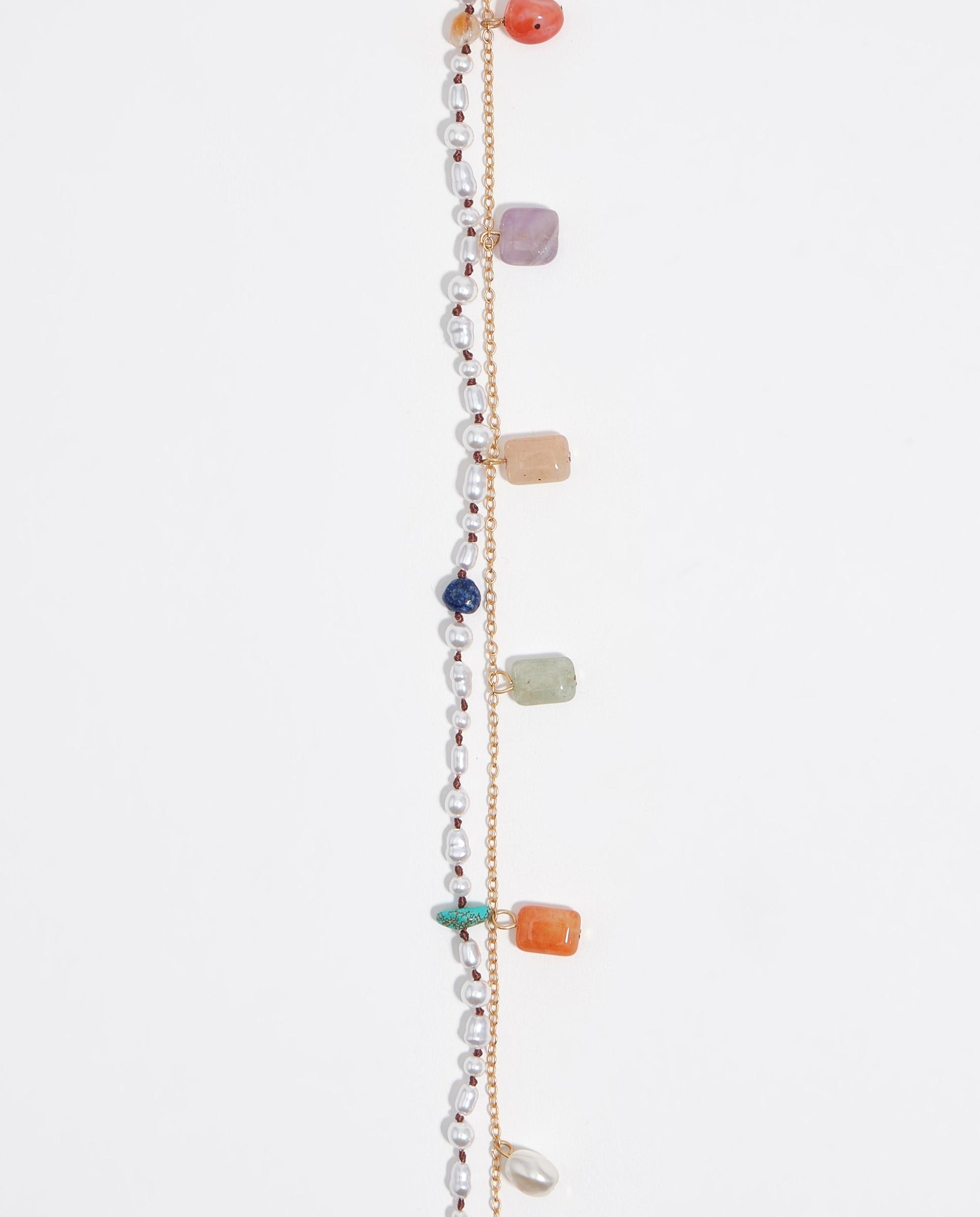 Colar Duplo de Pérolas e Pedras Dourado-2