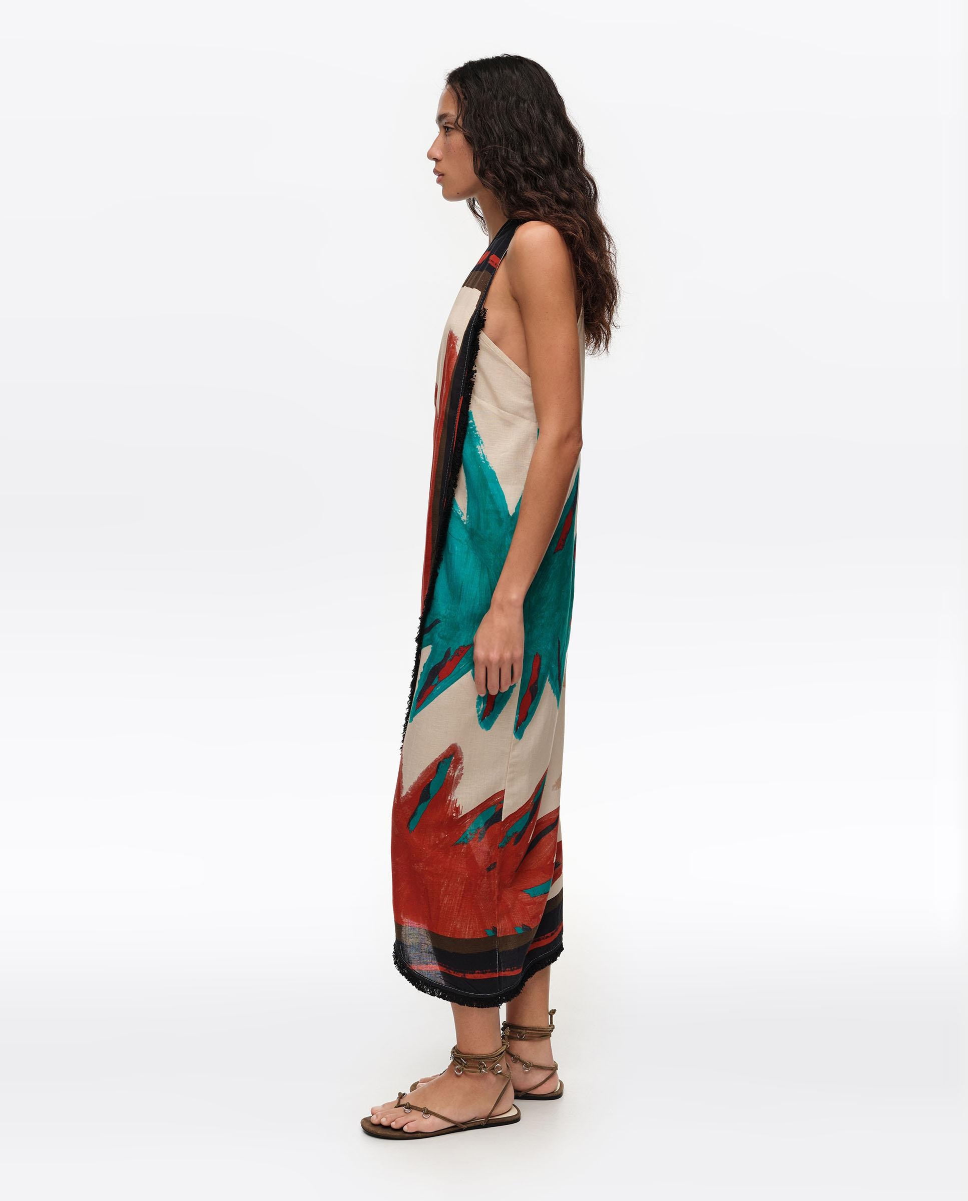 Vestido Midi Cruzado com Franjas Sun Positional Branco-marfim-3