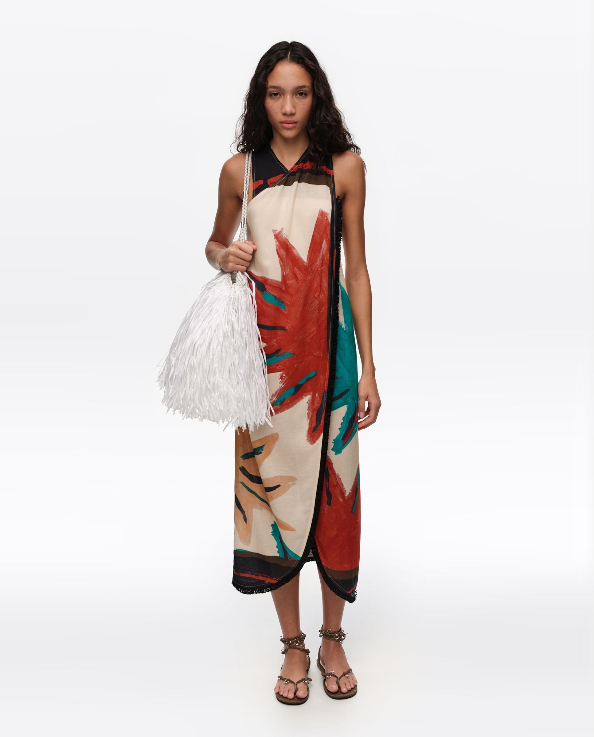 Vestido Midi Cruzado com Franjas Sun Positional Branco-marfim-5