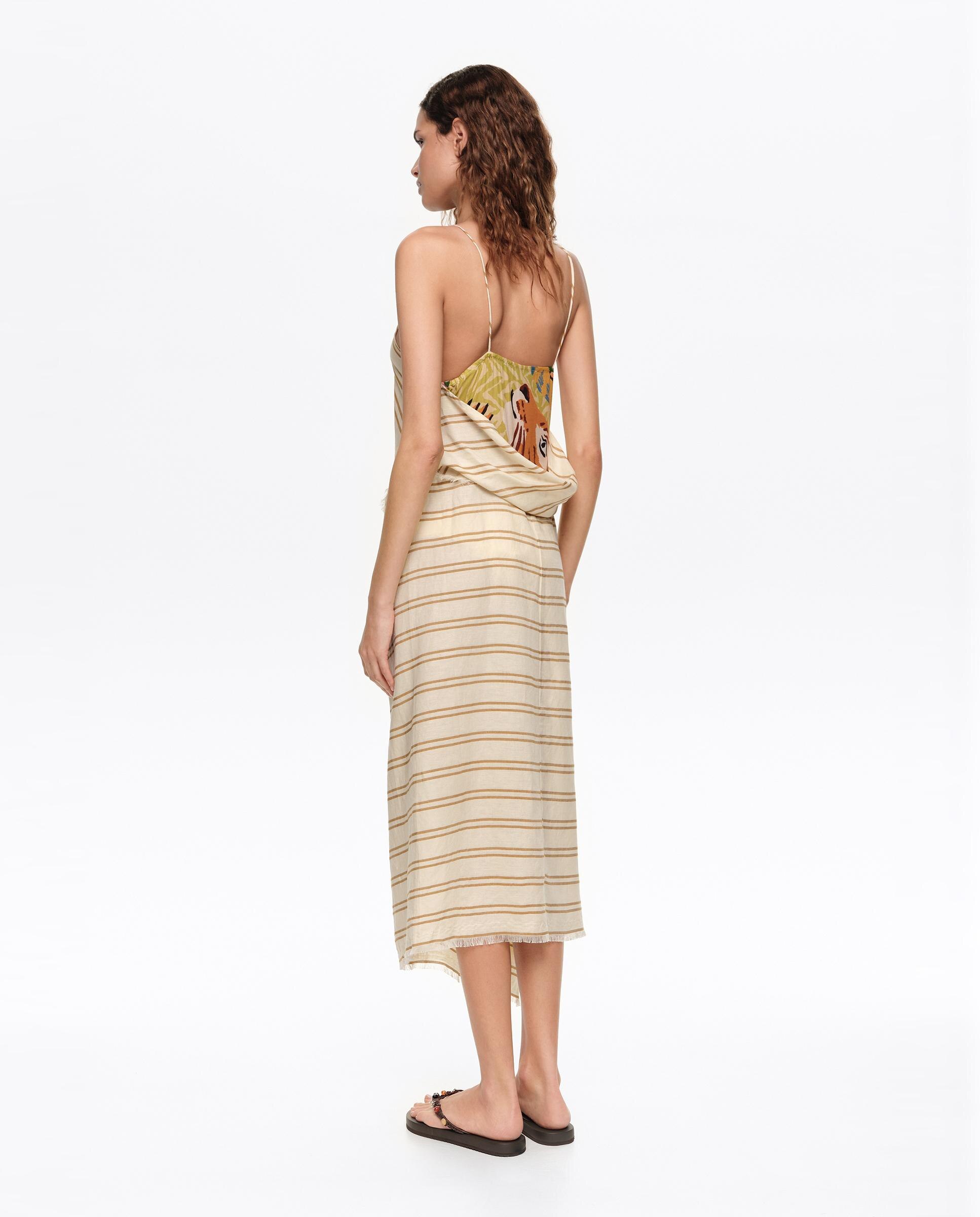 Vestido Pareo com Forro Estampado Às Riscas Areia-5