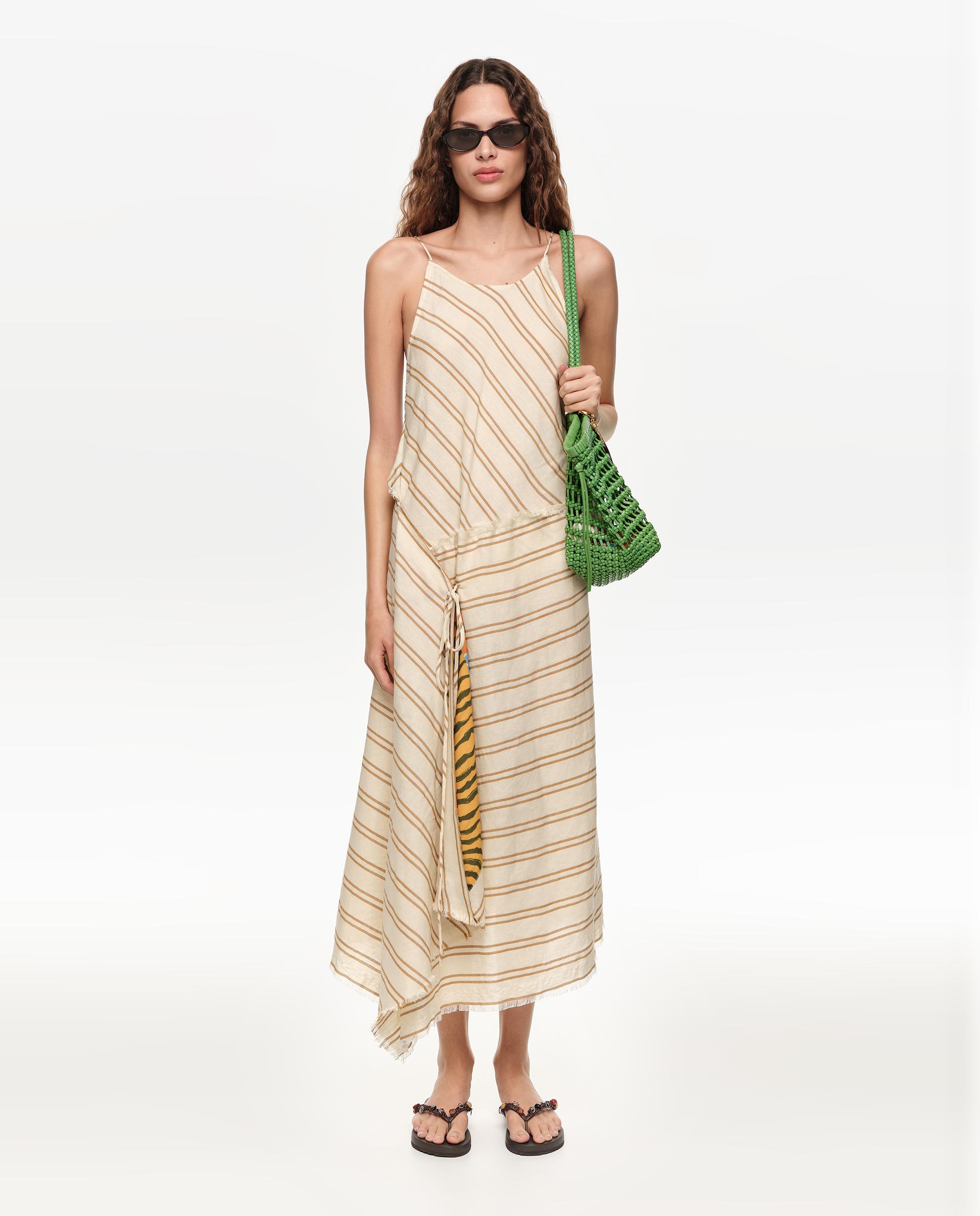 Vestido Pareo com Forro Estampado Às Riscas Areia-6