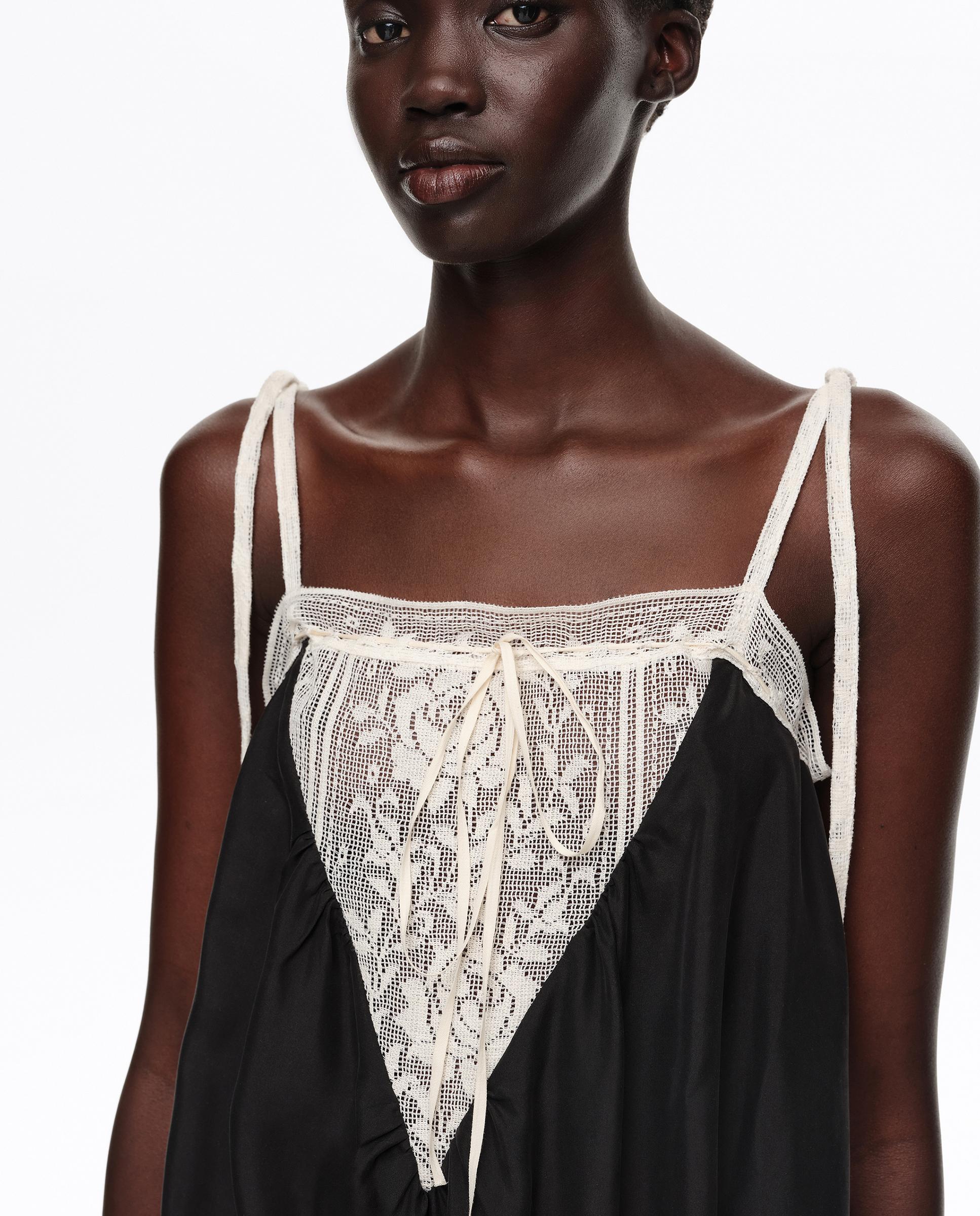 Vestido Midi de Alças em Seda com Rendas Preto-2