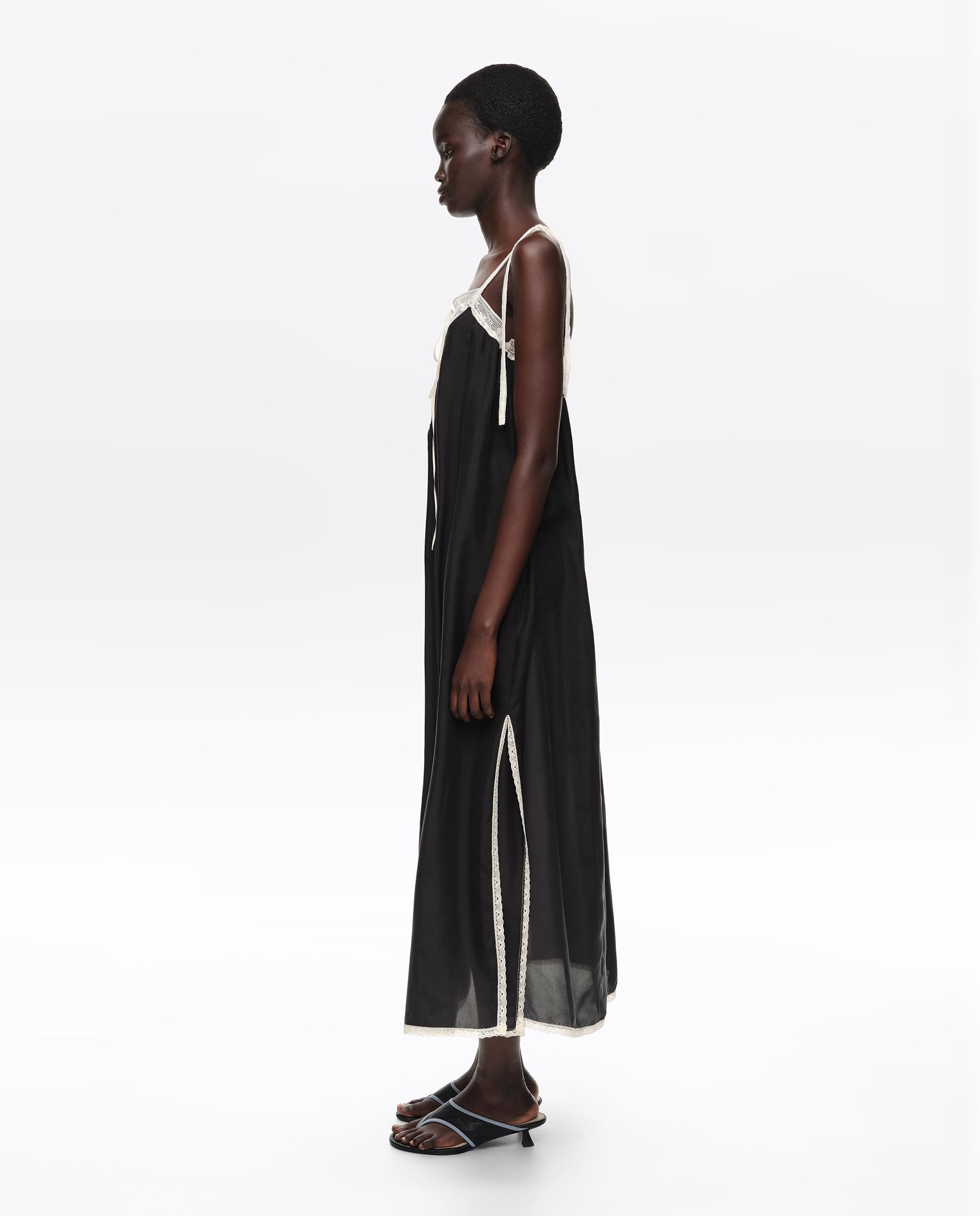 Vestido Midi de Alças em Seda com Rendas Preto-3