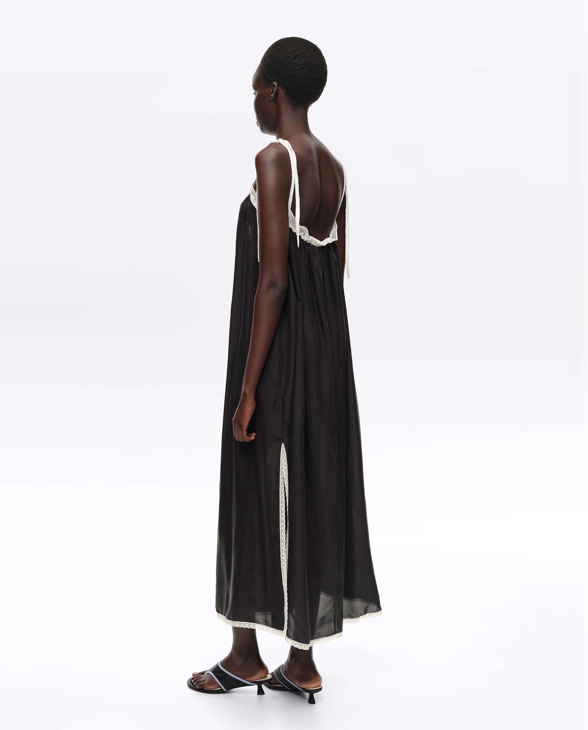 Vestido Midi de Alças em Seda com Rendas Preto-4