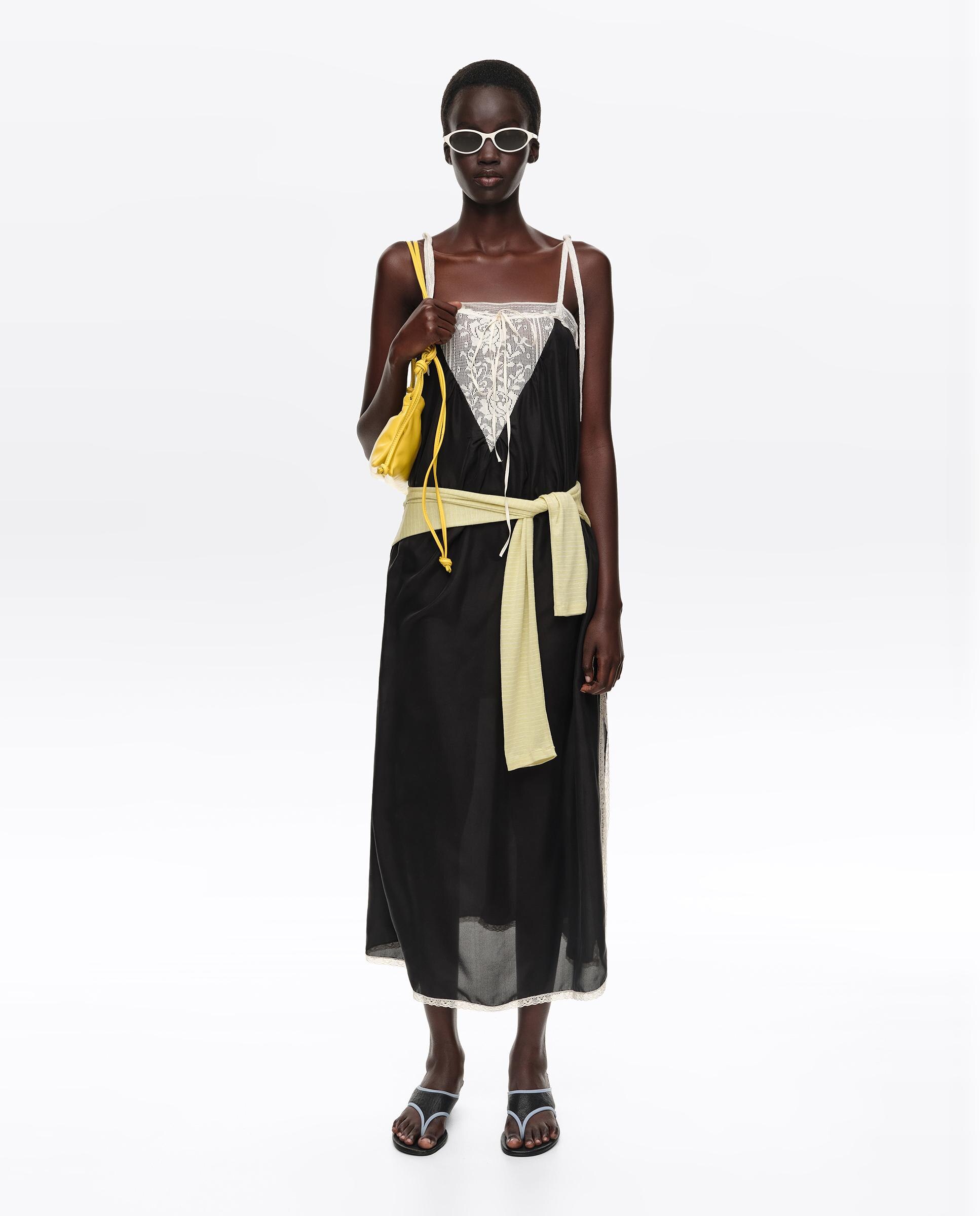 Vestido Midi de Alças em Seda com Rendas Preto-6