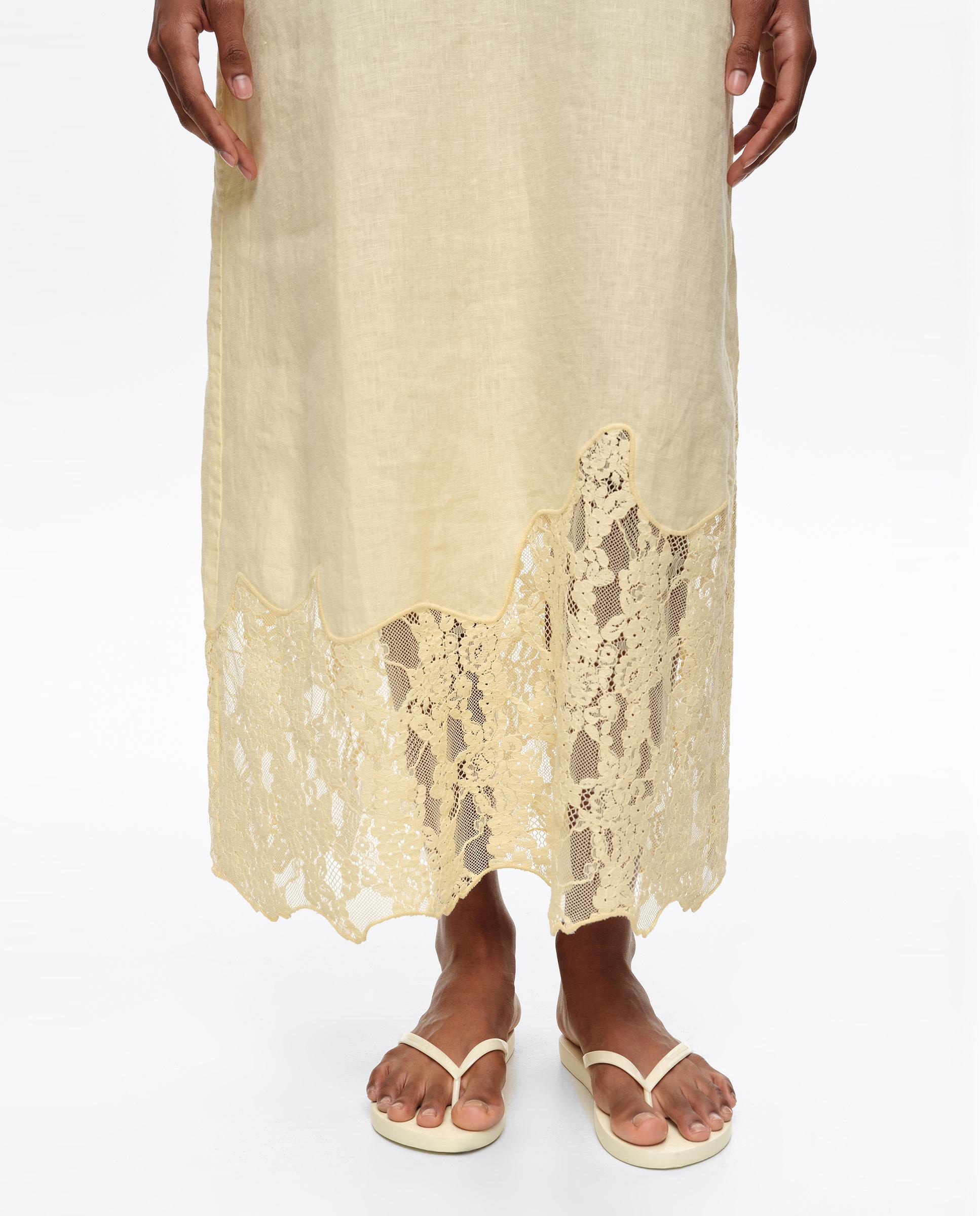 Vestido com Decote em V Rendas Amarelo-3
