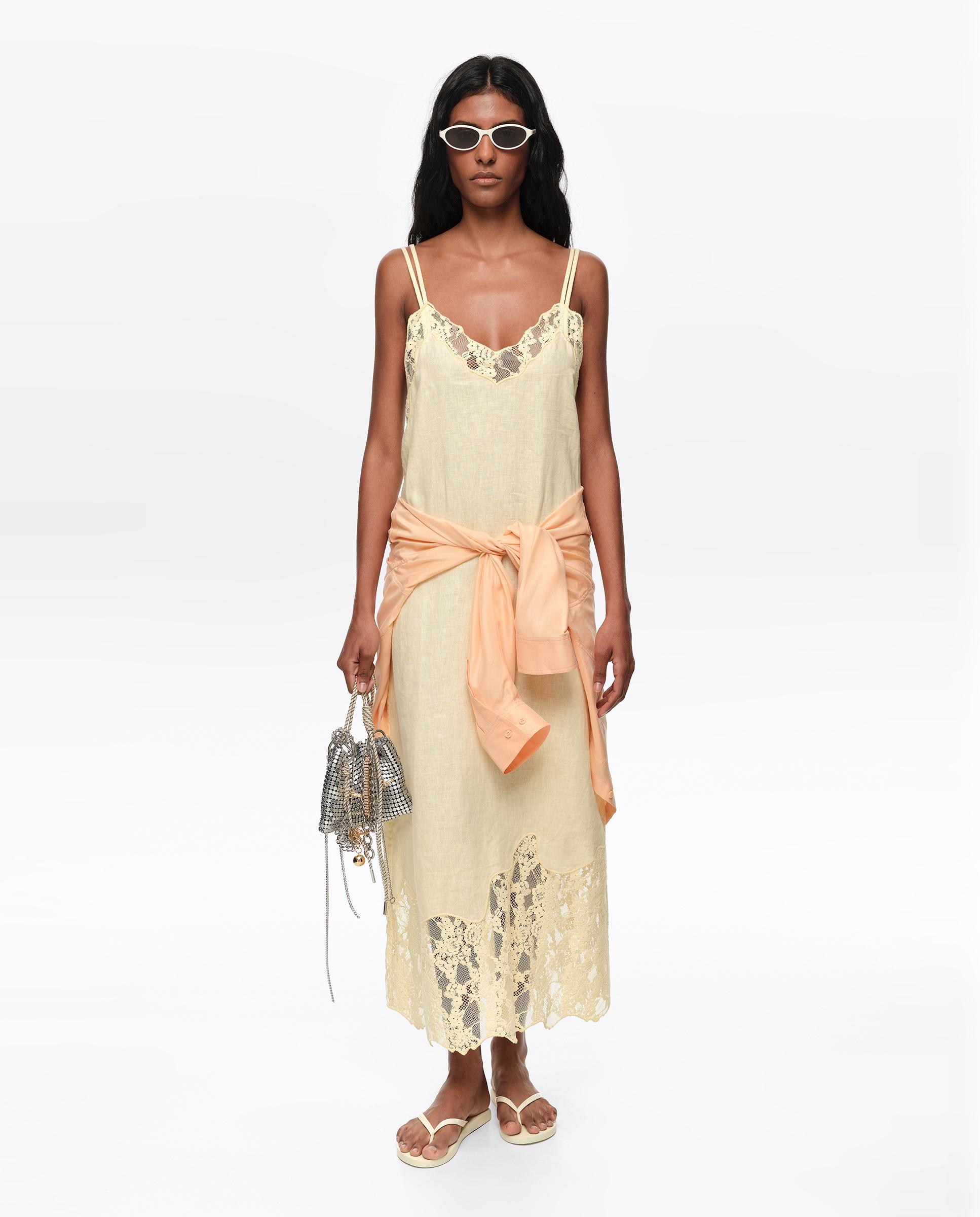 Vestido com Decote em V Rendas Amarelo-7