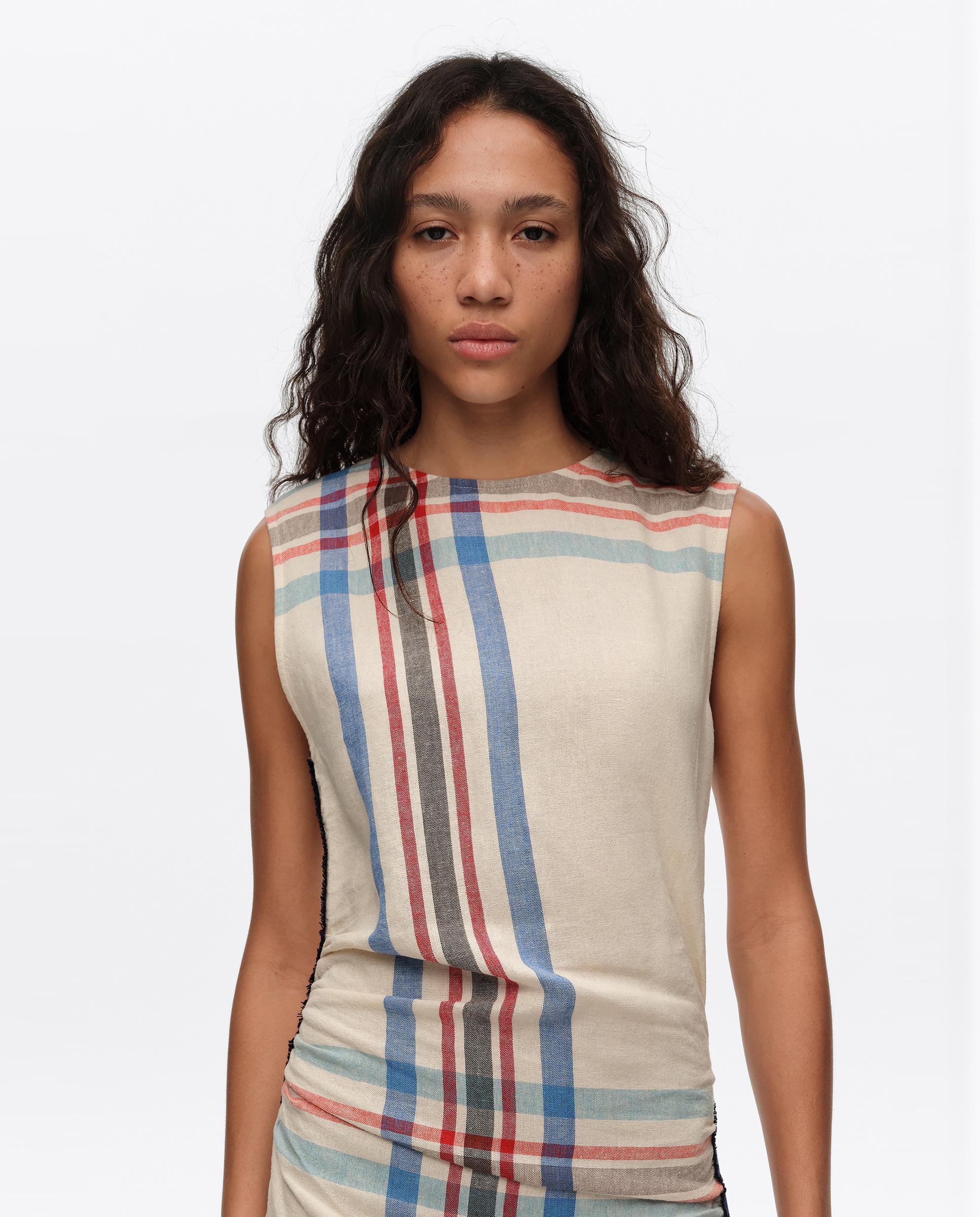 Vestido sem Mangas com Tira Sobreposta Às Riscas Azul-2
