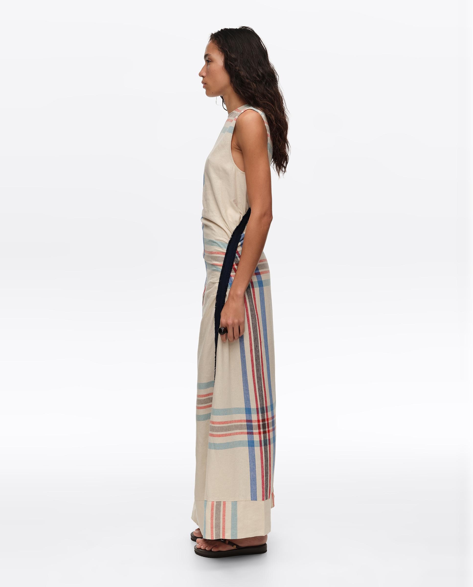 Vestido sem Mangas com Tira Sobreposta Às Riscas Azul-5
