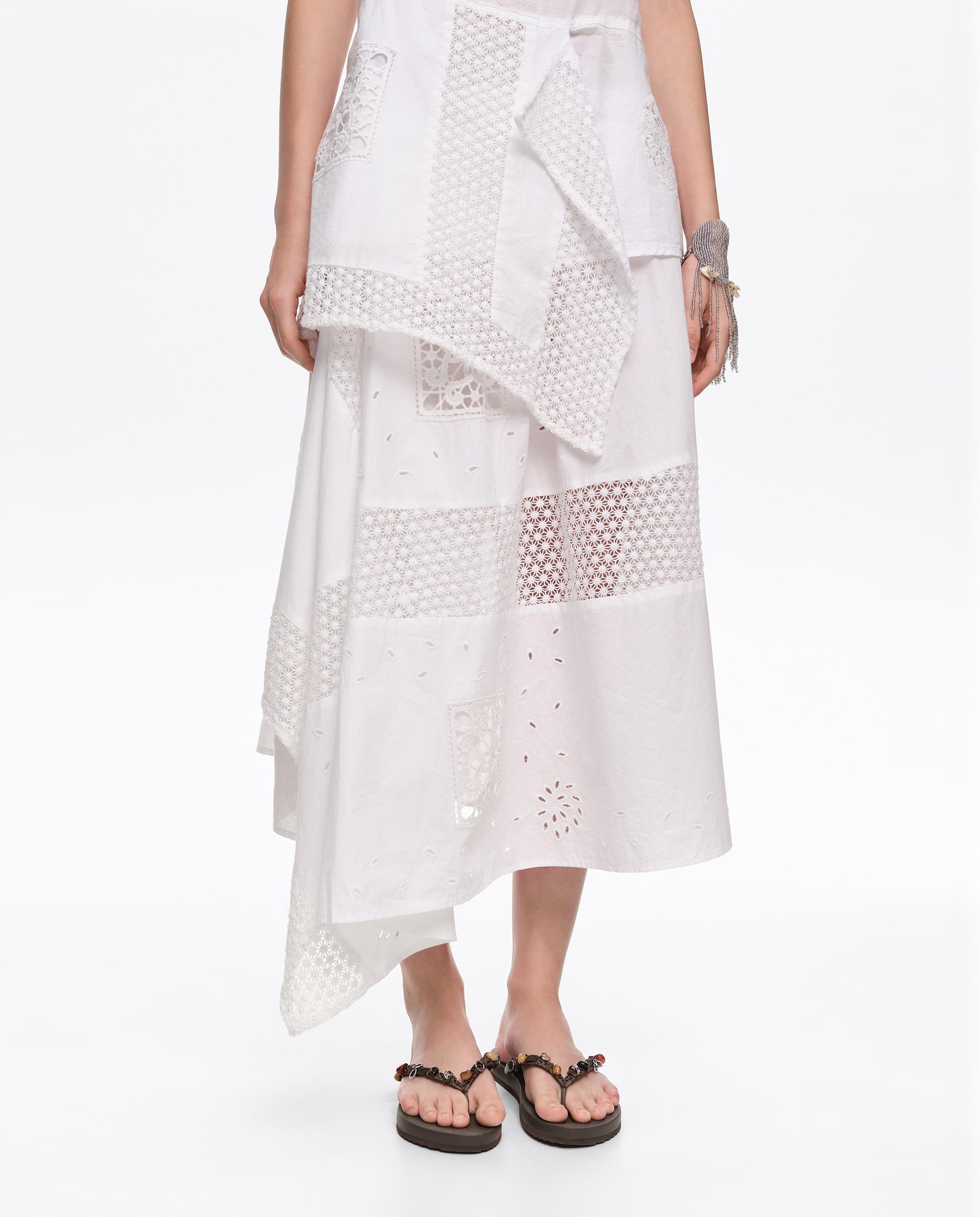 Saia Midi com Lenços Irregulares Bordados Branco-2