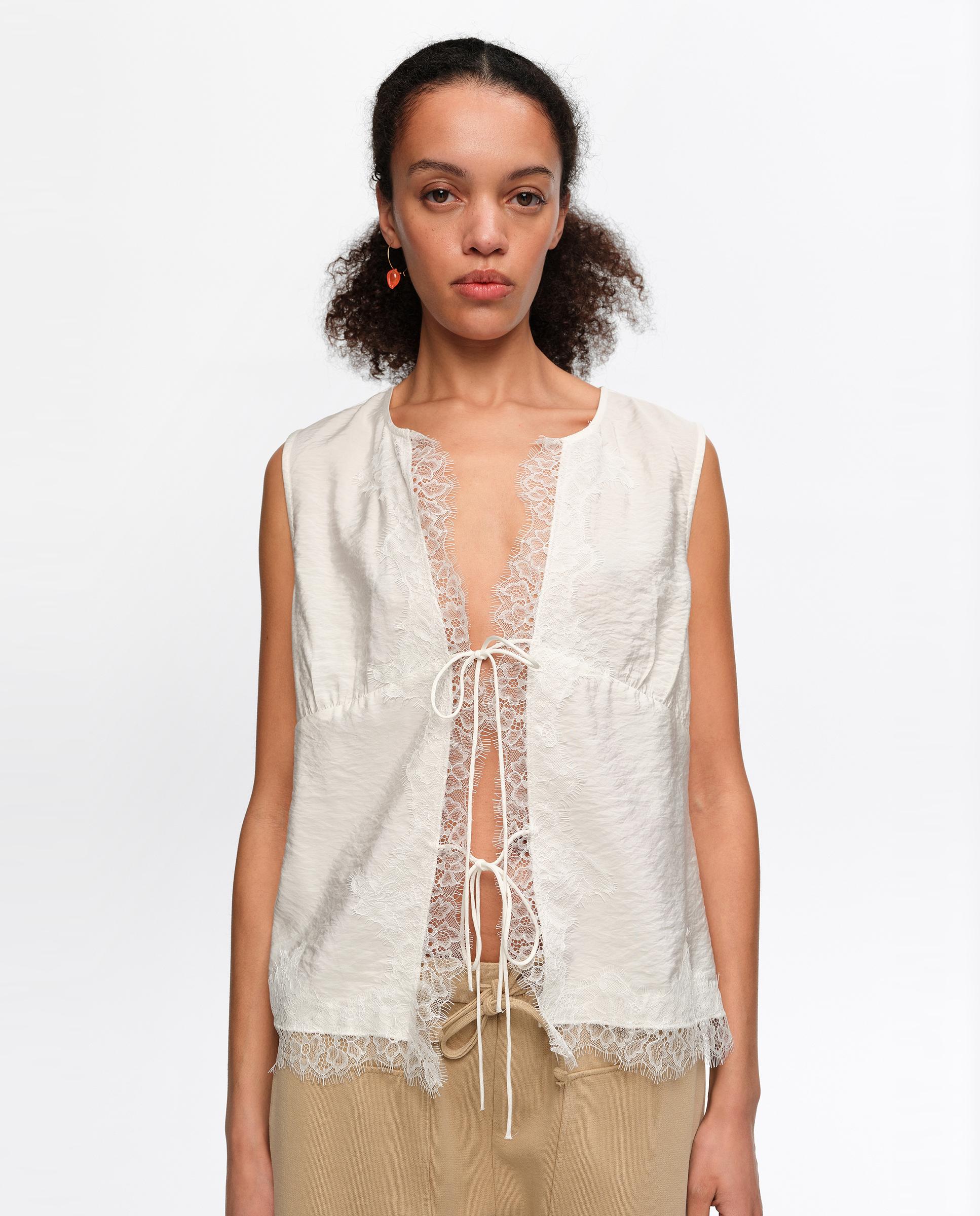 Camisa sem Mangas com Rendas e Cordões Branco-2