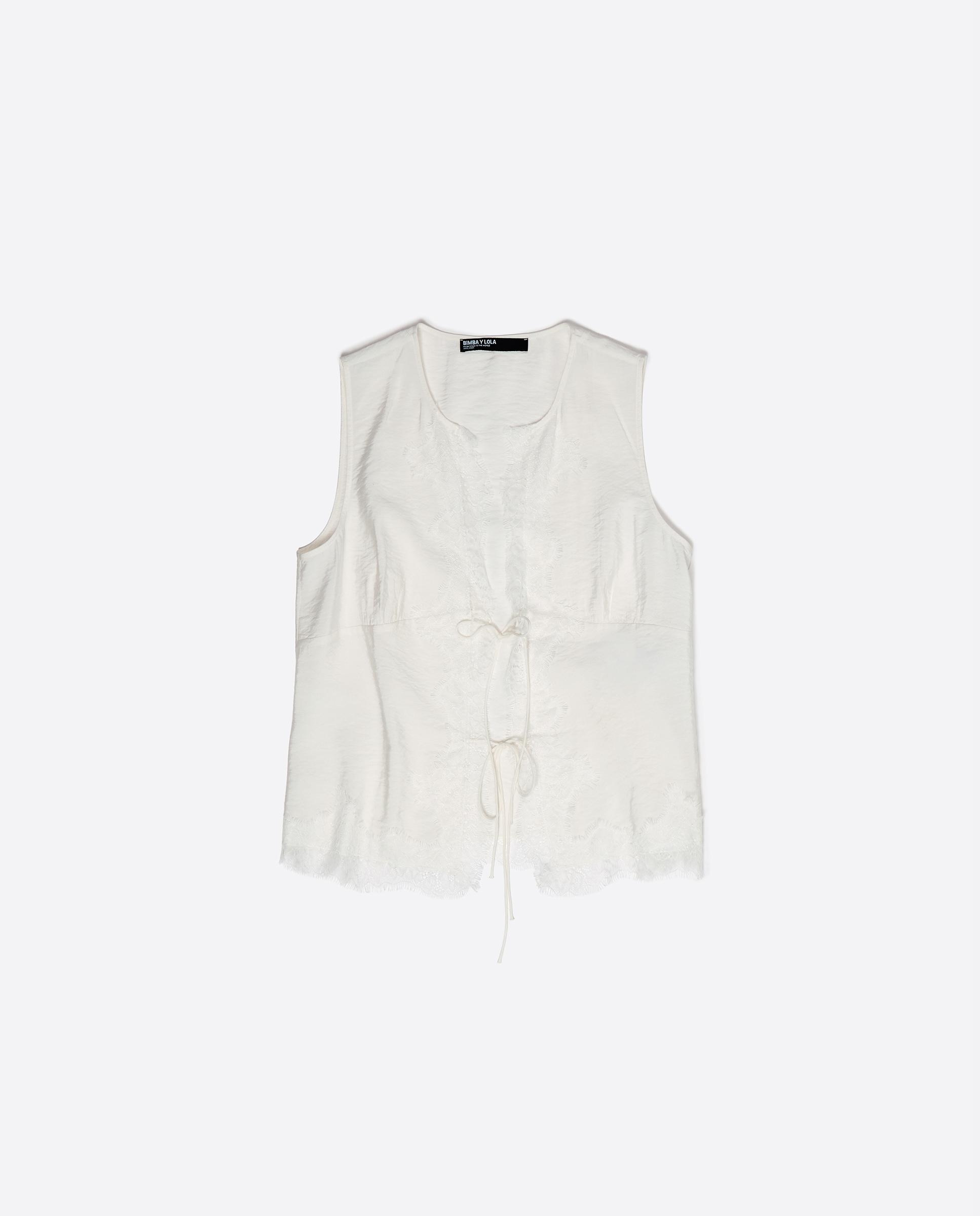 Camisa sem Mangas com Rendas e Cordões Branco-4
