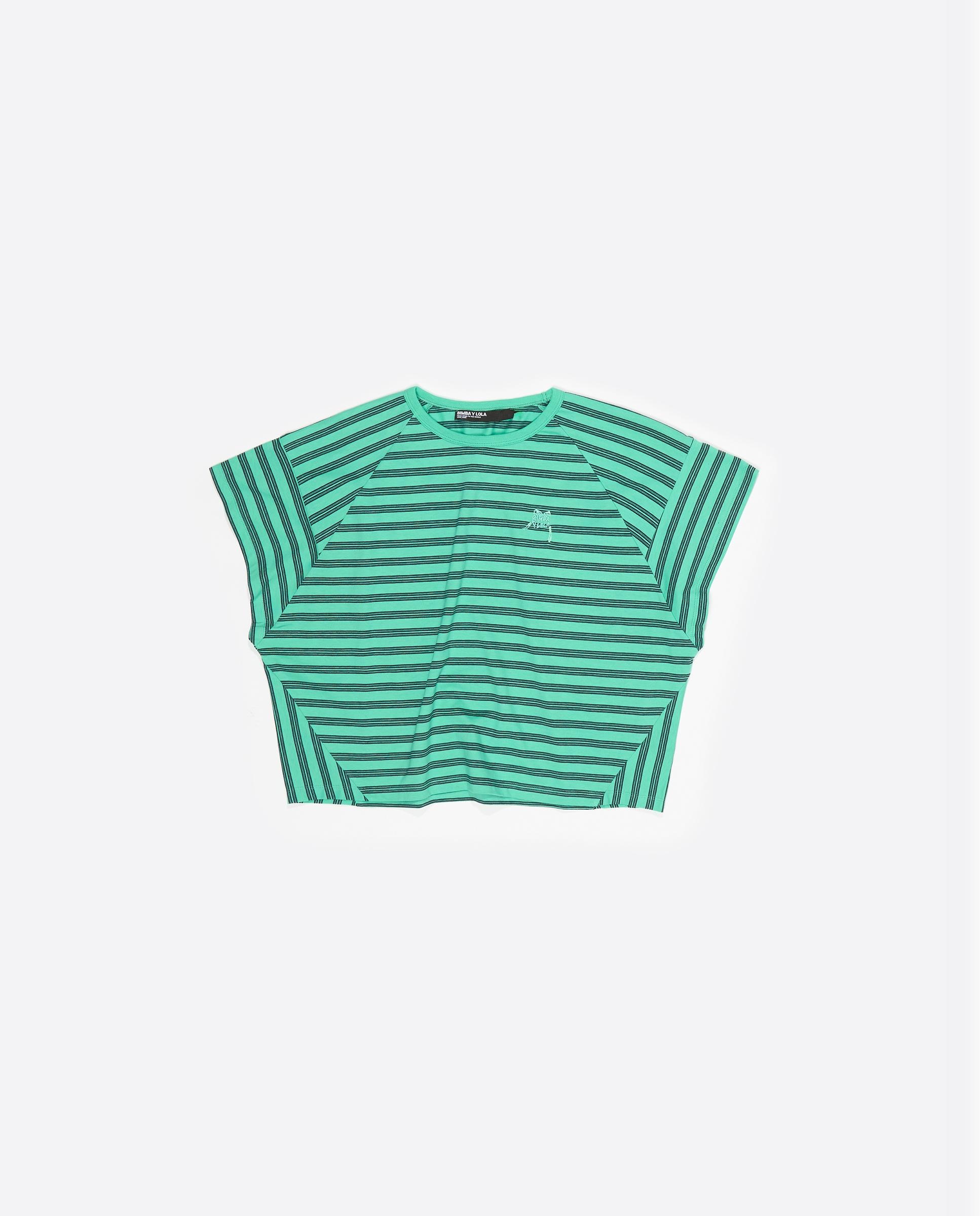 T-shirt Curta com Logo Bordado Às Riscas Verde-5