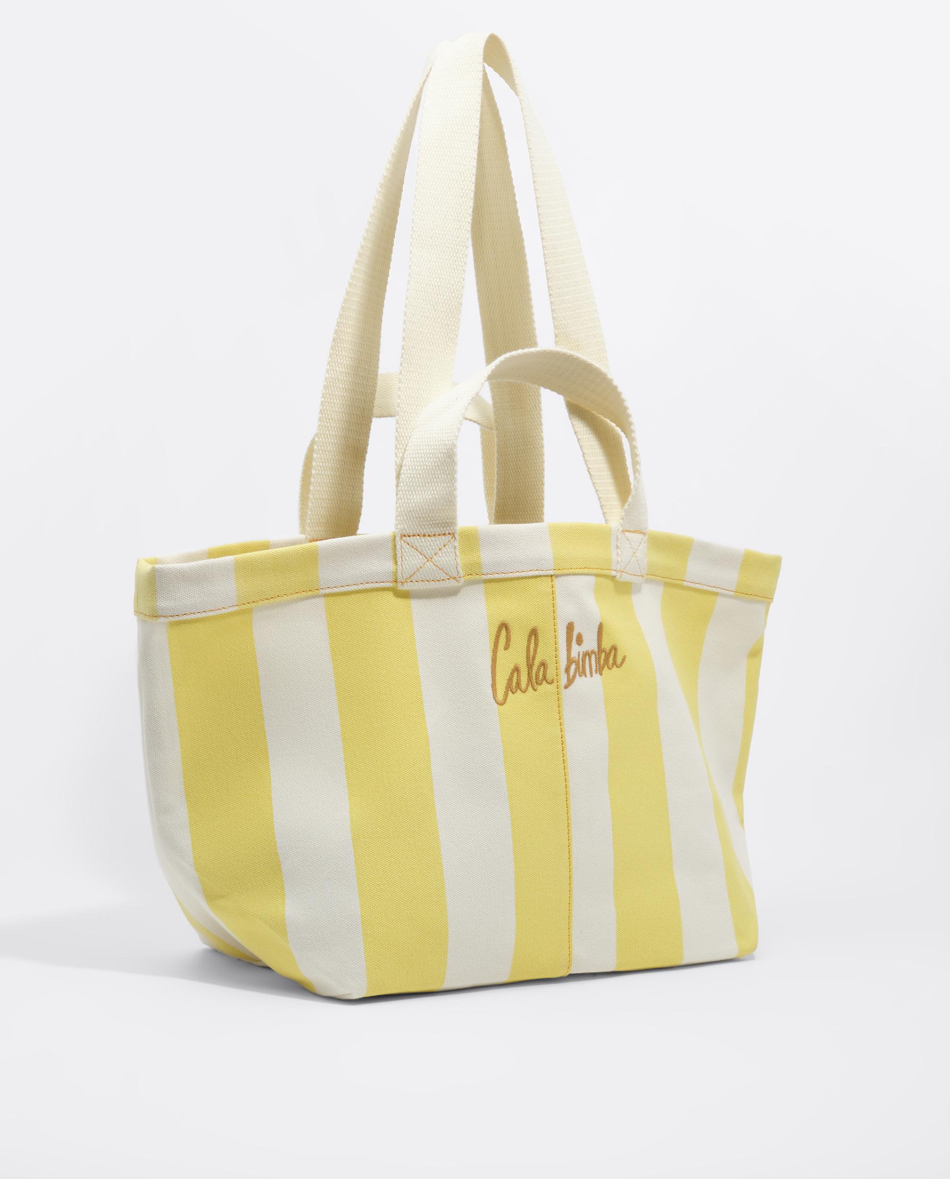 Mala de Praia Maxi de Algodão Às Riscas com Alças de Ombro Amarelo-2