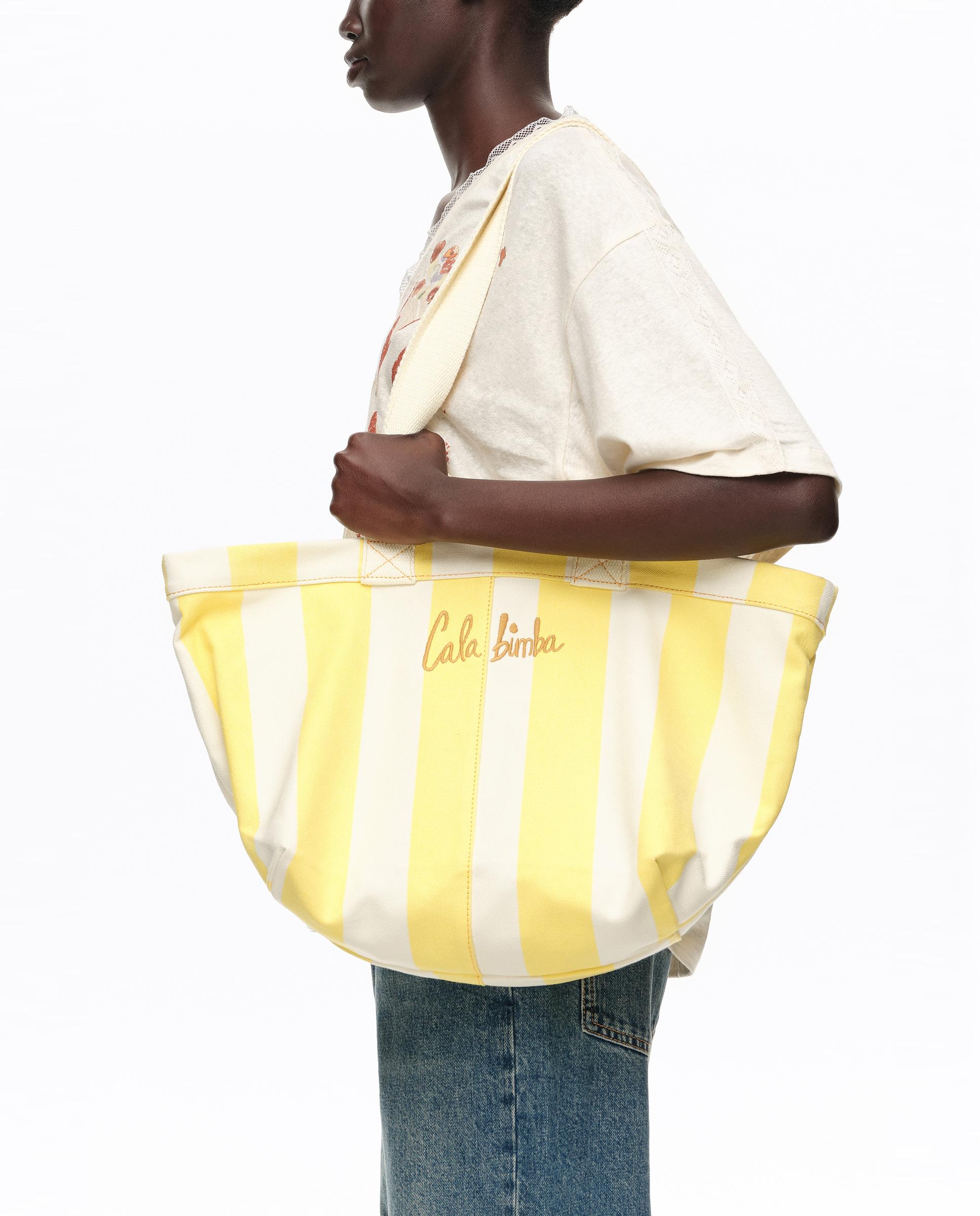 Mala de Praia Maxi de Algodão Às Riscas com Alças de Ombro Amarelo-3