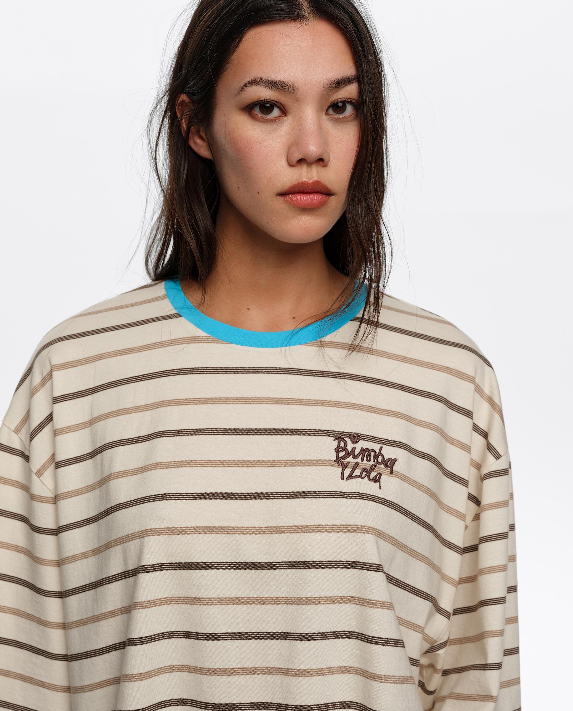 T-shirt Boxy Algodão Às Riscas Bege-2