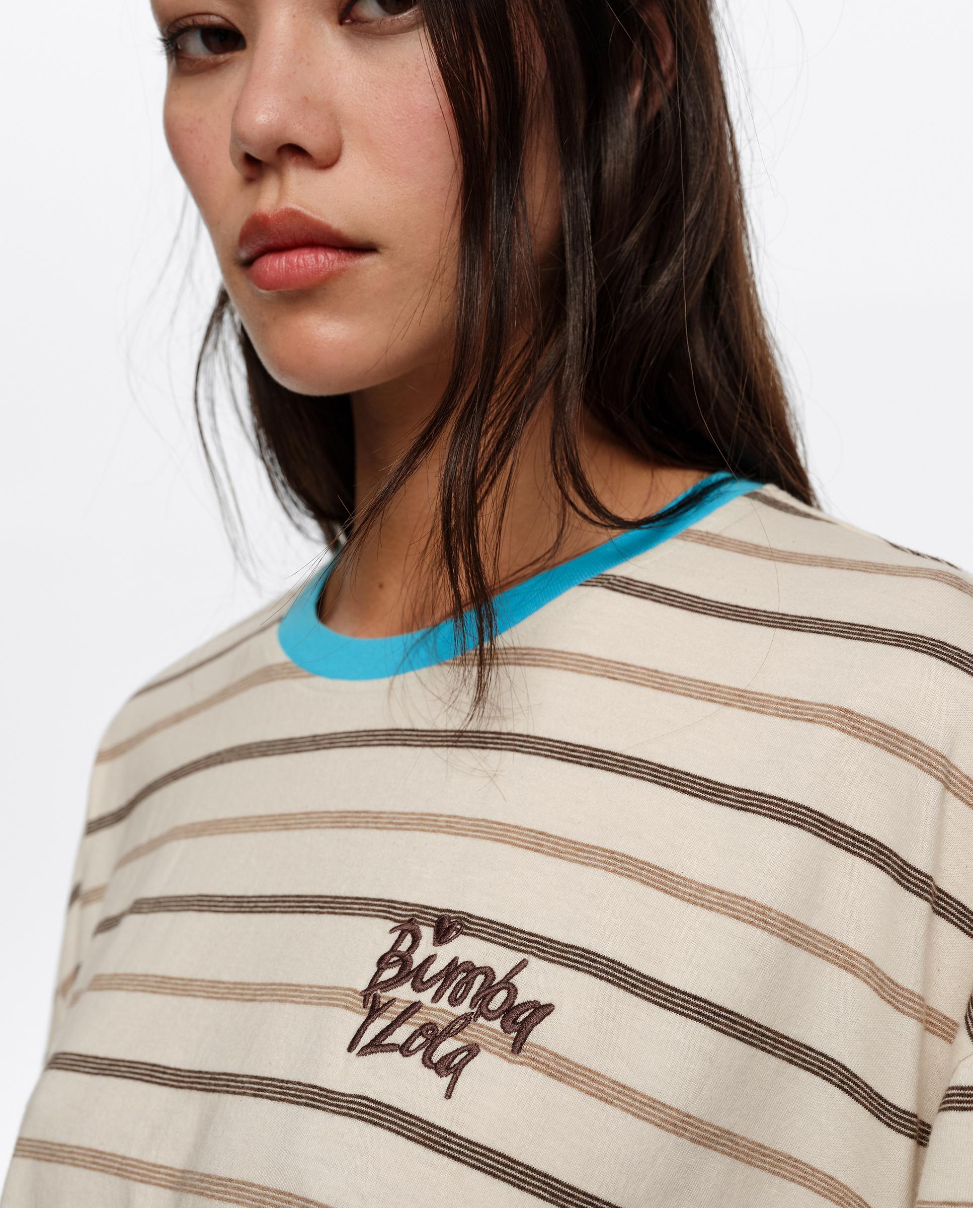 T-shirt Boxy Algodão Às Riscas Bege-3