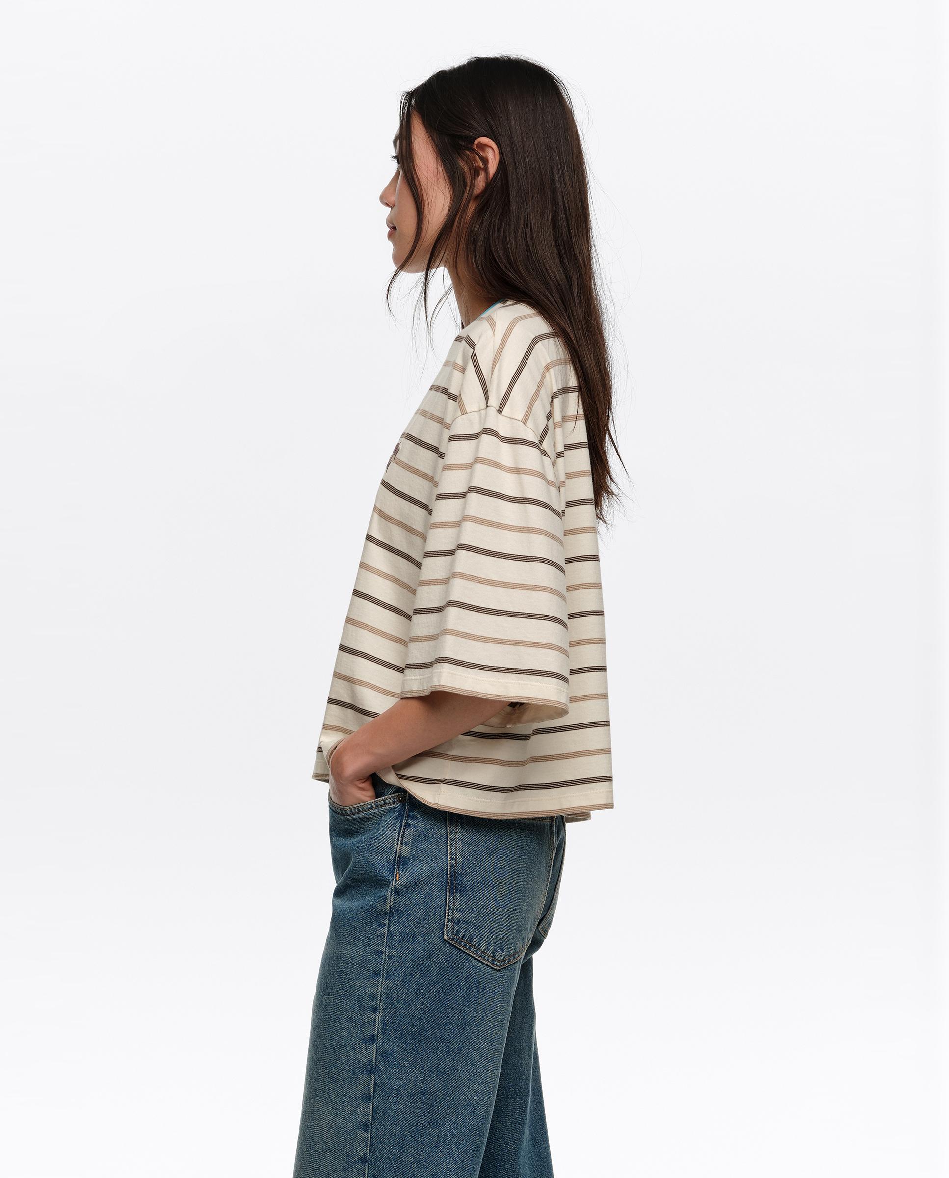 T-shirt Boxy Algodão Às Riscas Bege-4