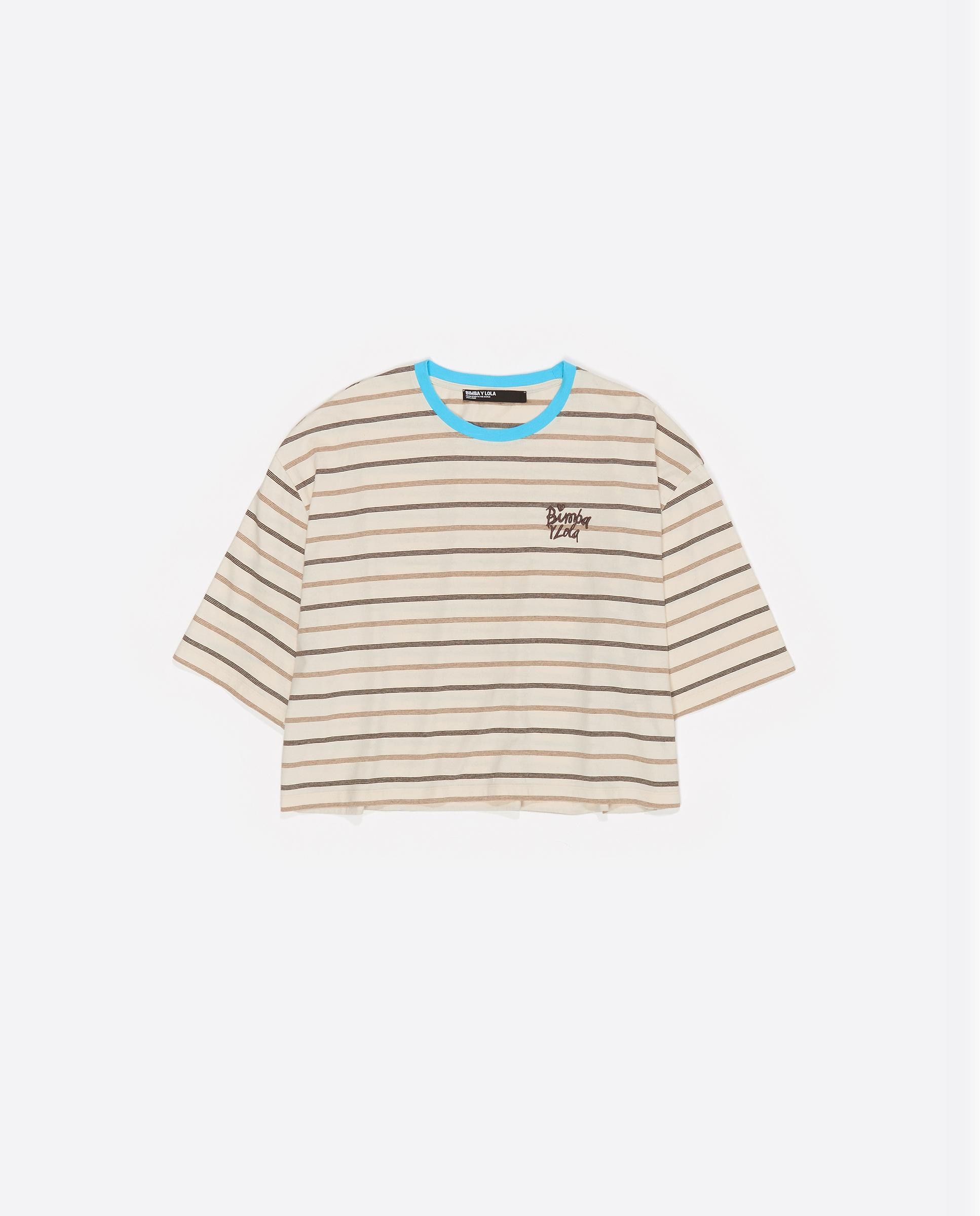 T-shirt Boxy Algodão Às Riscas Bege-5