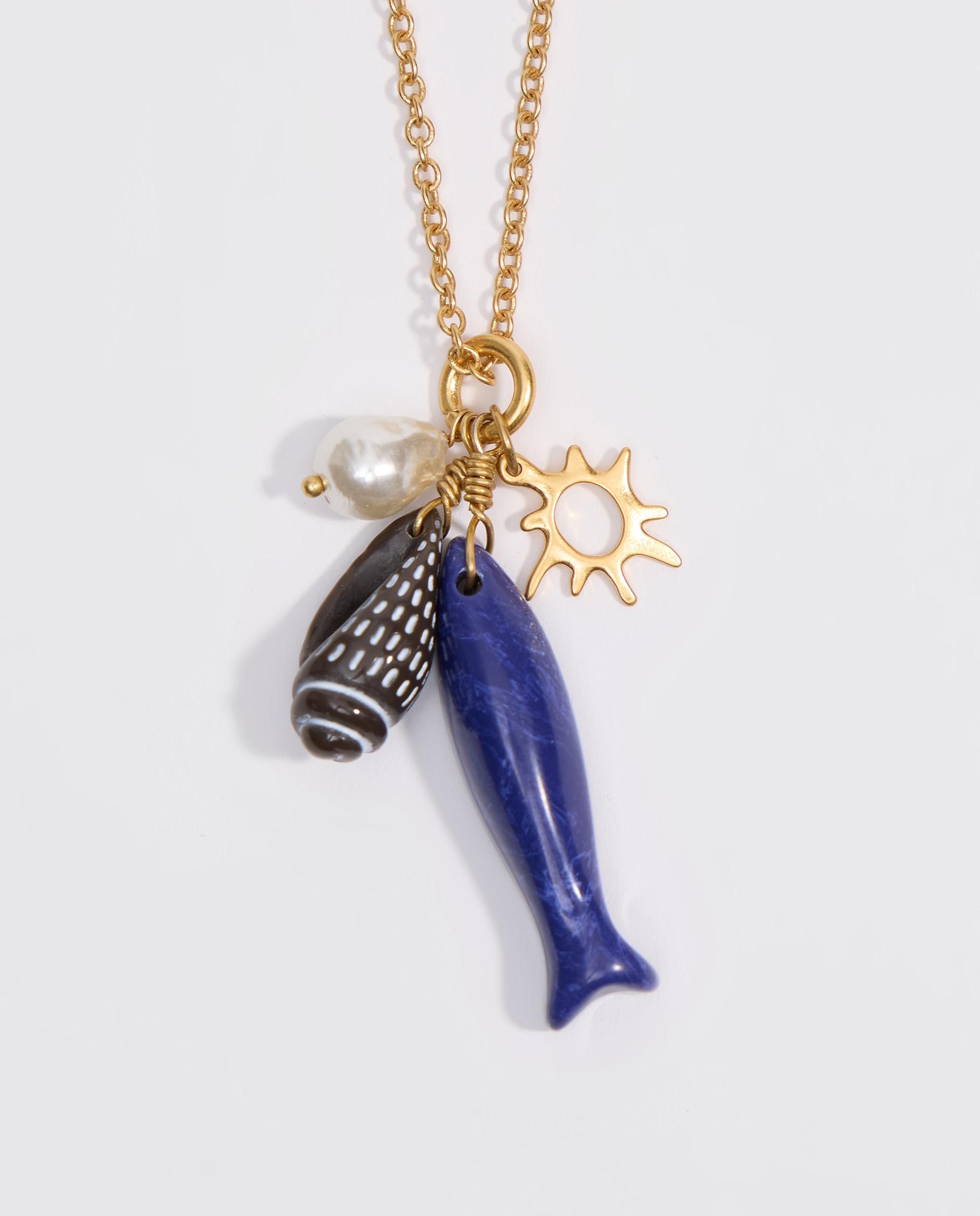 Colar Peixe e Búzios Dourado Envelhecido Azul-2