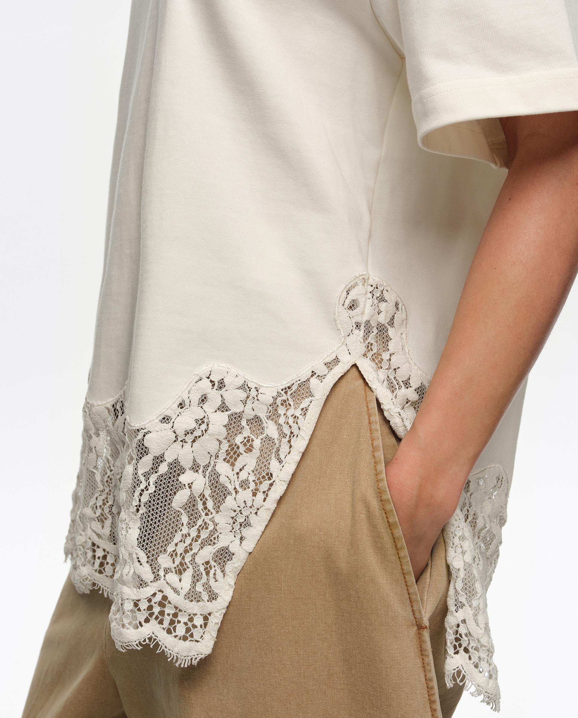 T-shirt Oversize com Rendas Marfim-3
