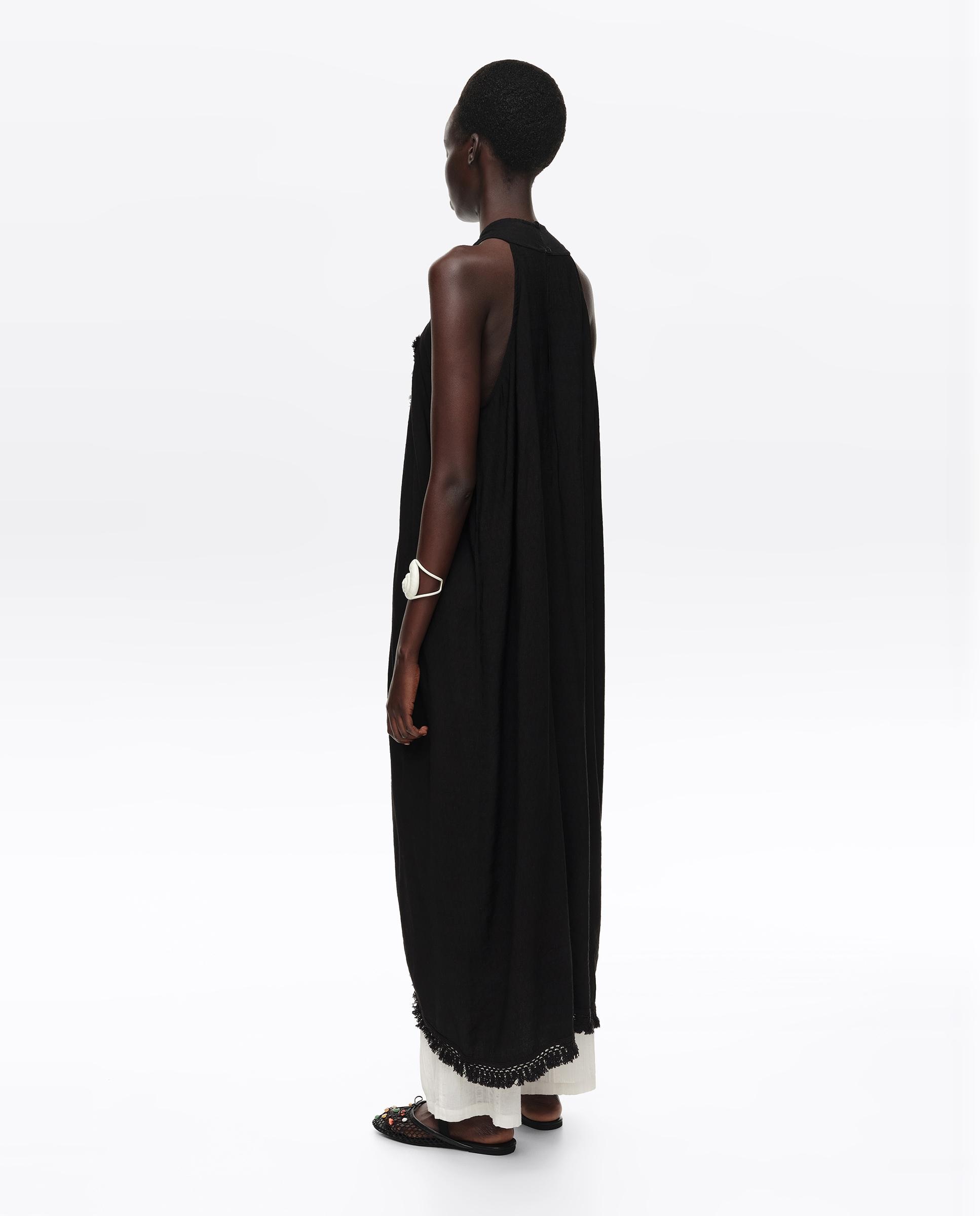 Vestido Midi Cruzado com Franjas Preto-5