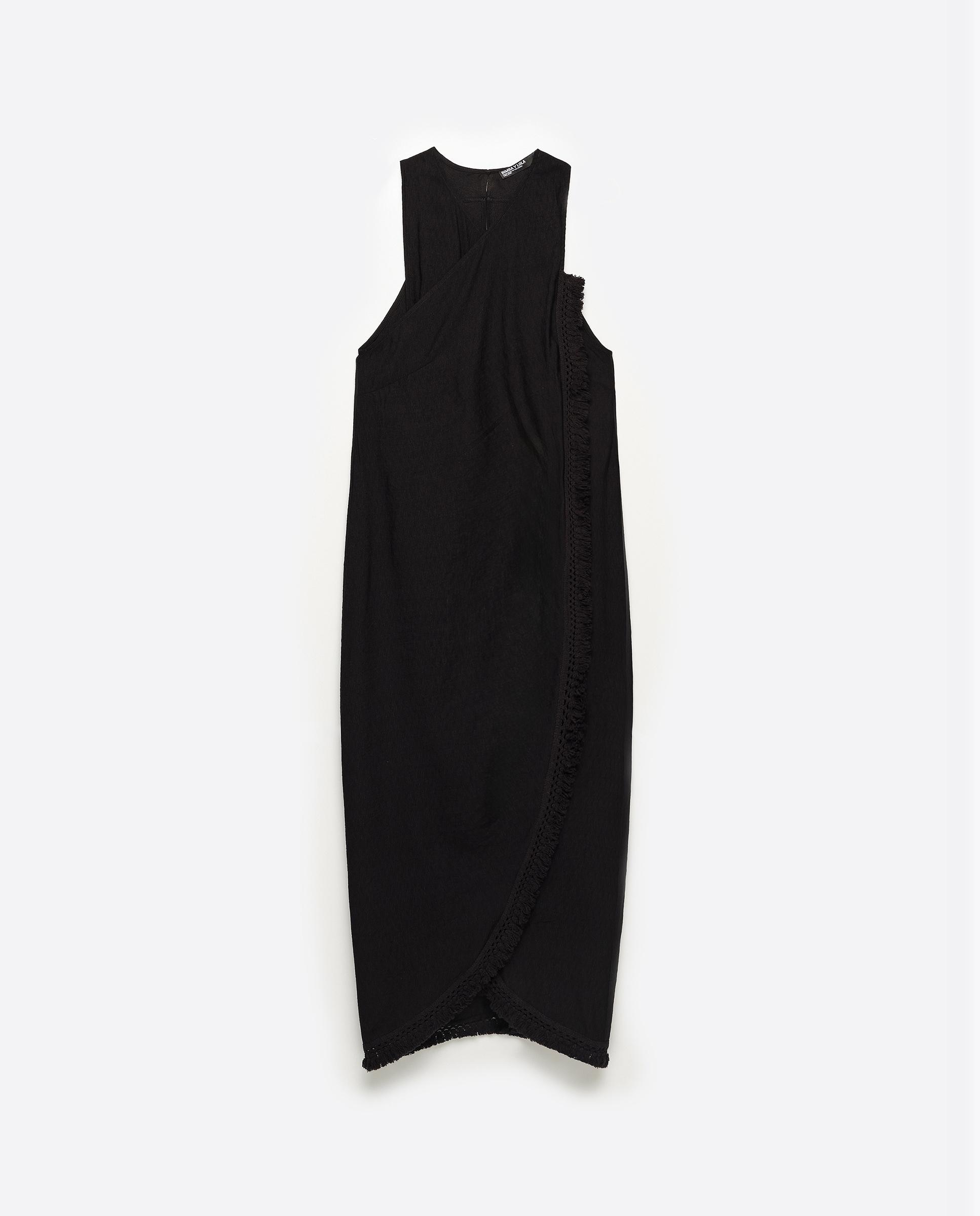 Vestido Midi Cruzado com Franjas Preto-6