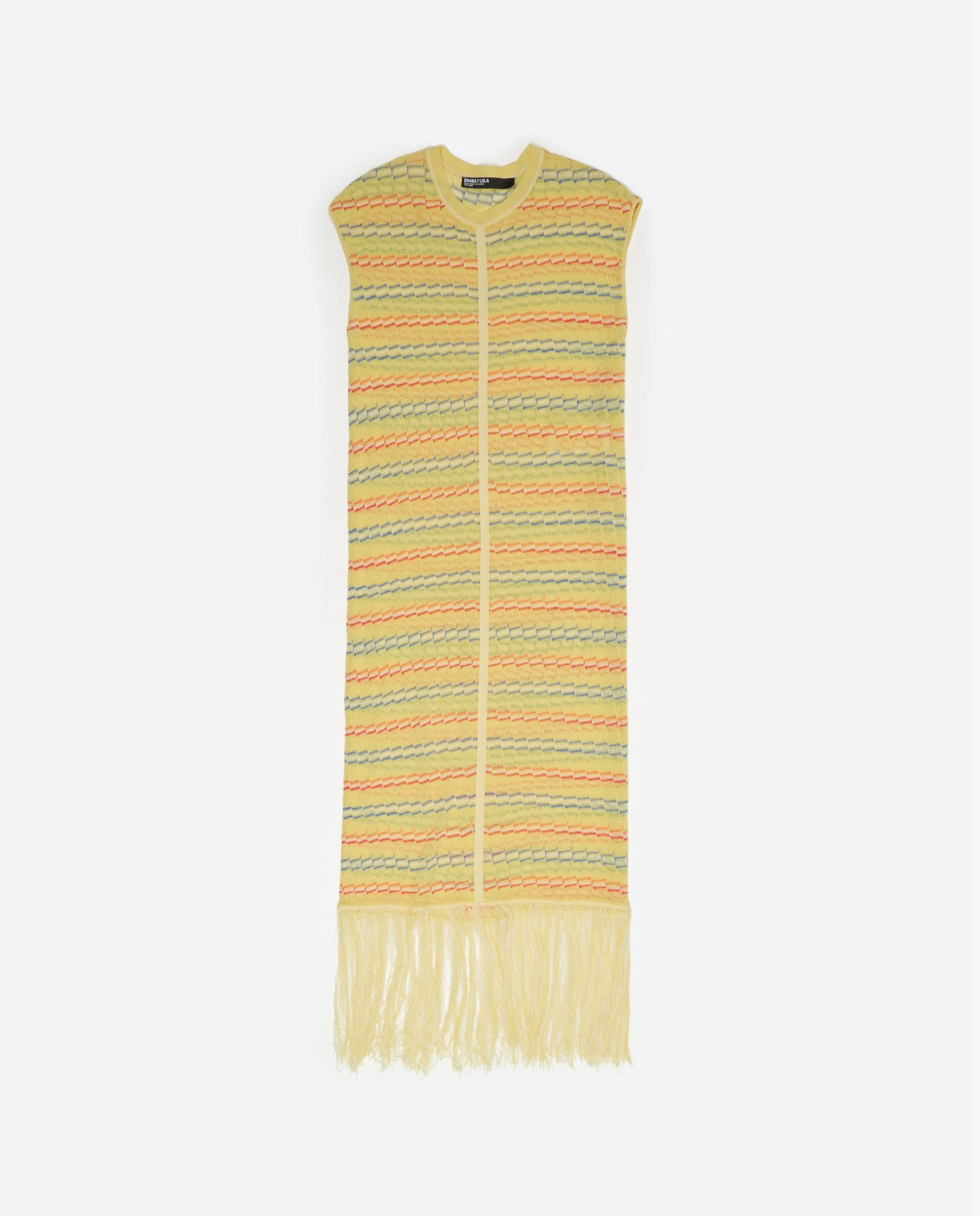 Vestido sem Mangas com Franjas de Malha Amarelo-6