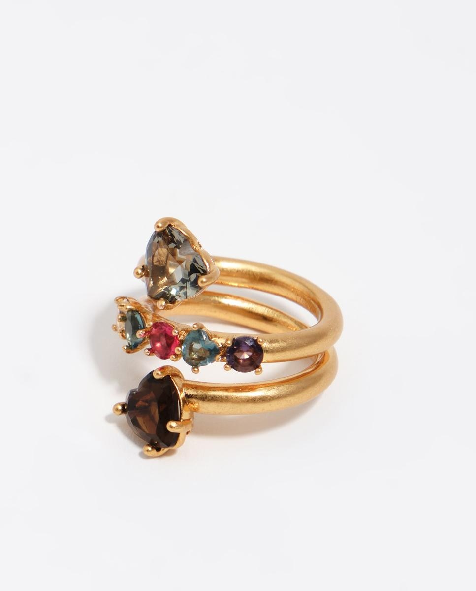 Imagem 0 de Anel Espiral Cristais Coração Dourado Escovado