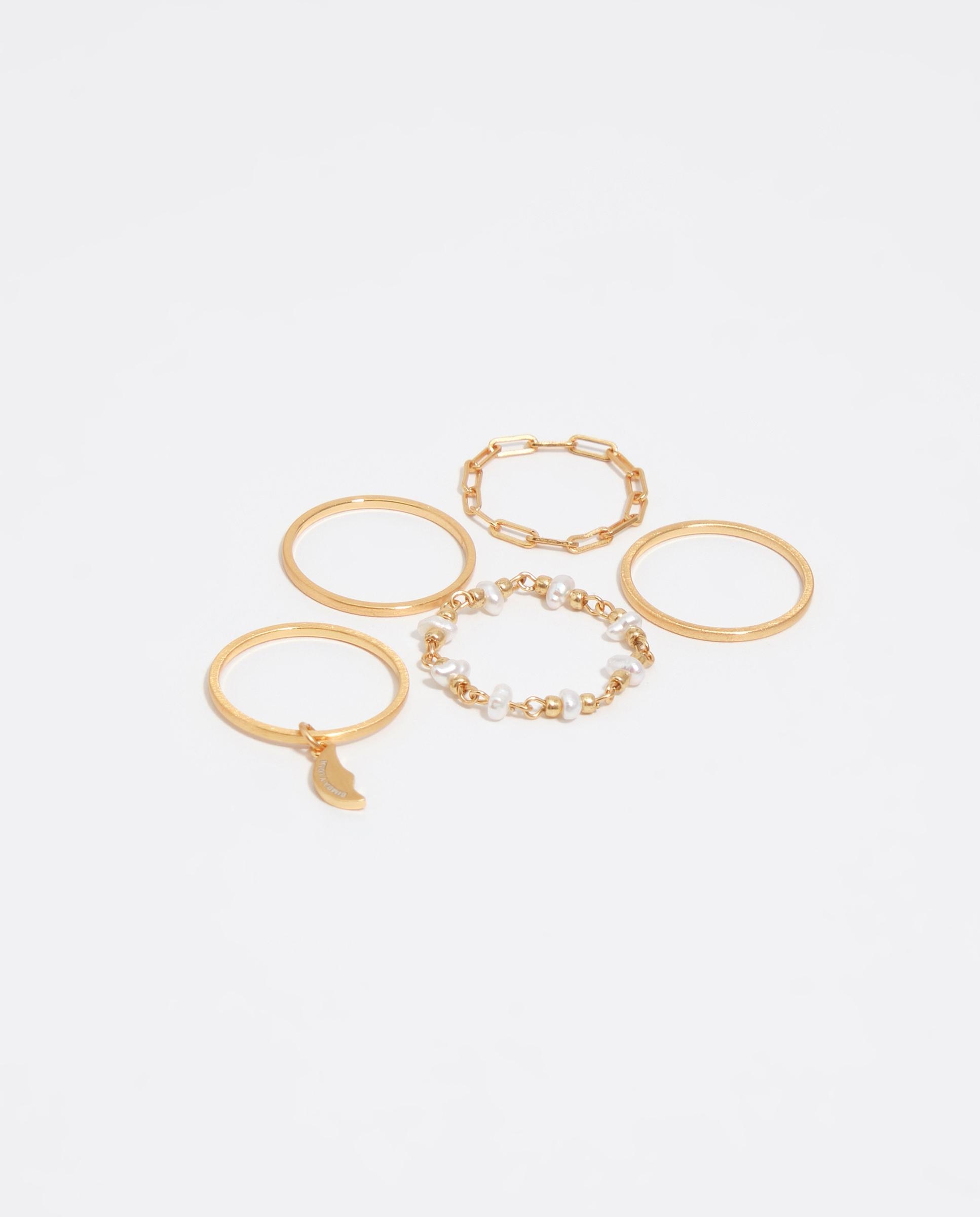Anel com Pedras Pérolas e Lua em Dourado Escovado Dourado-1