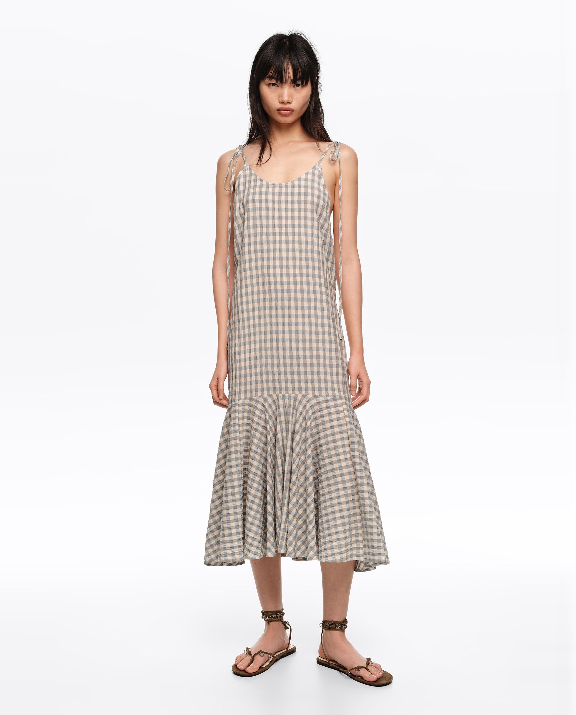 Vestido Midi Aos Quadrados com Alças Azul-claro-1