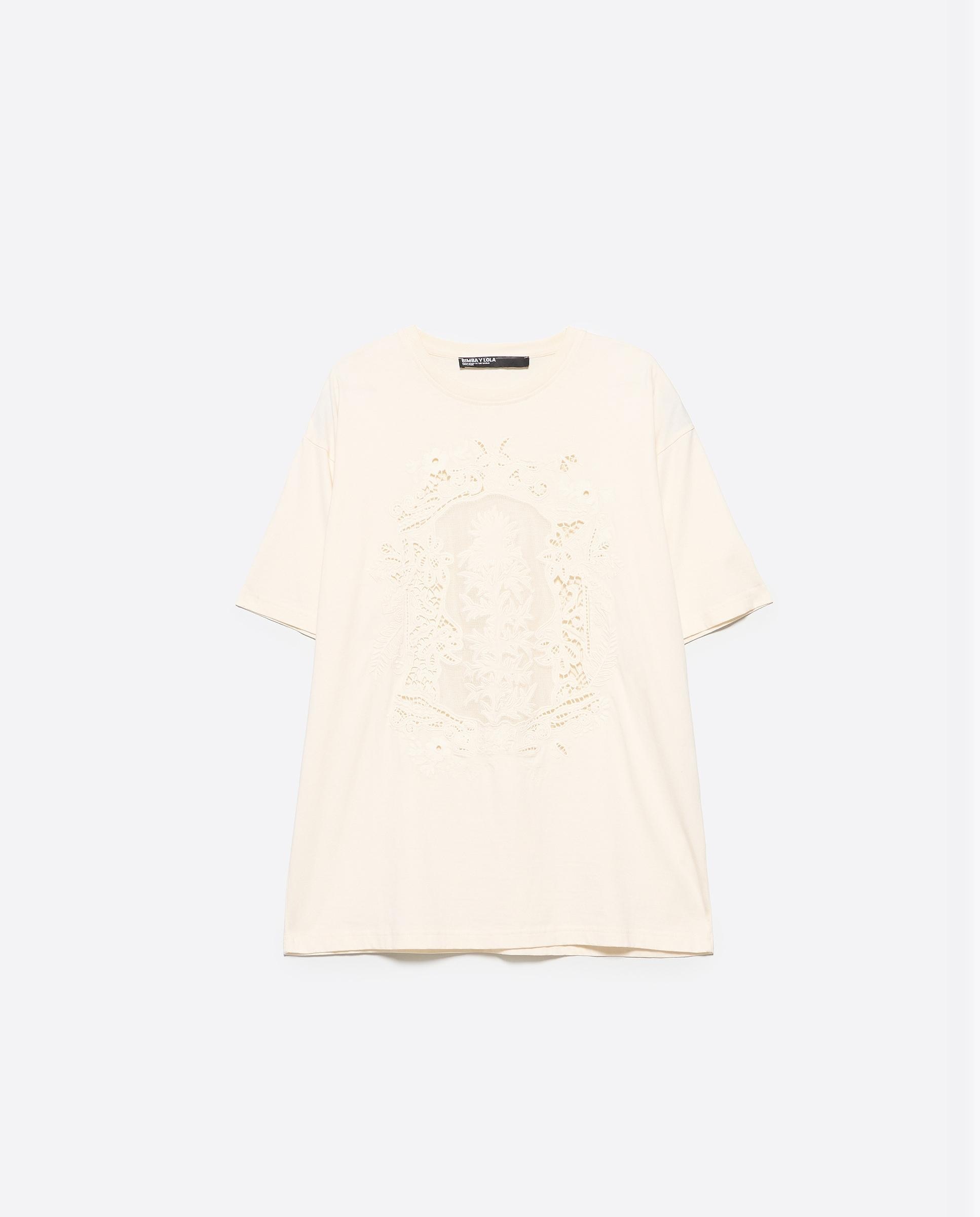 T-shirt de Manga Curta com Logo Bordado Marfim-5