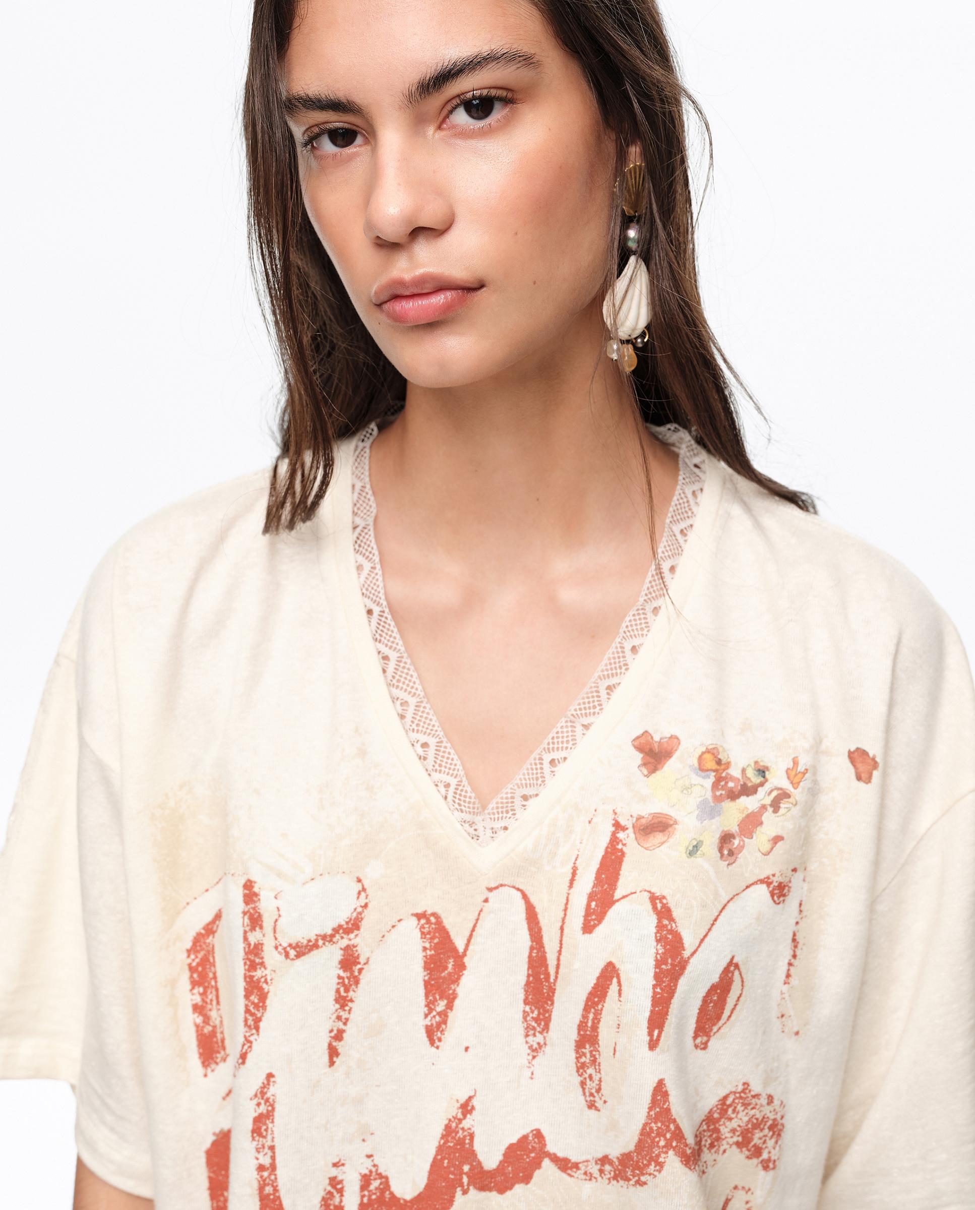 T-shirt Oversize com Desenho Frontal Natural-2