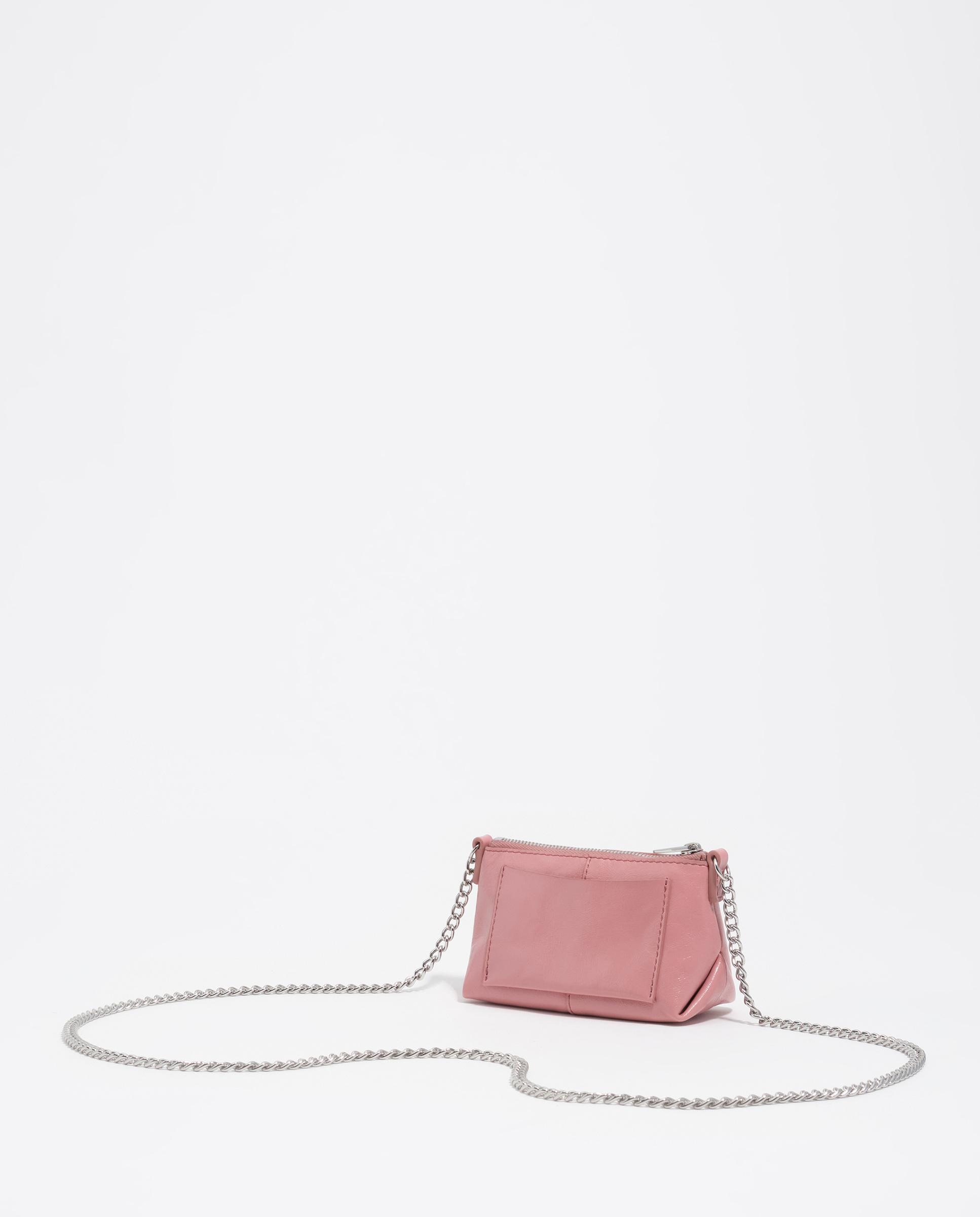 Mala a Tiracolo Micro de Pele com Alça de Corrente Rosa-4