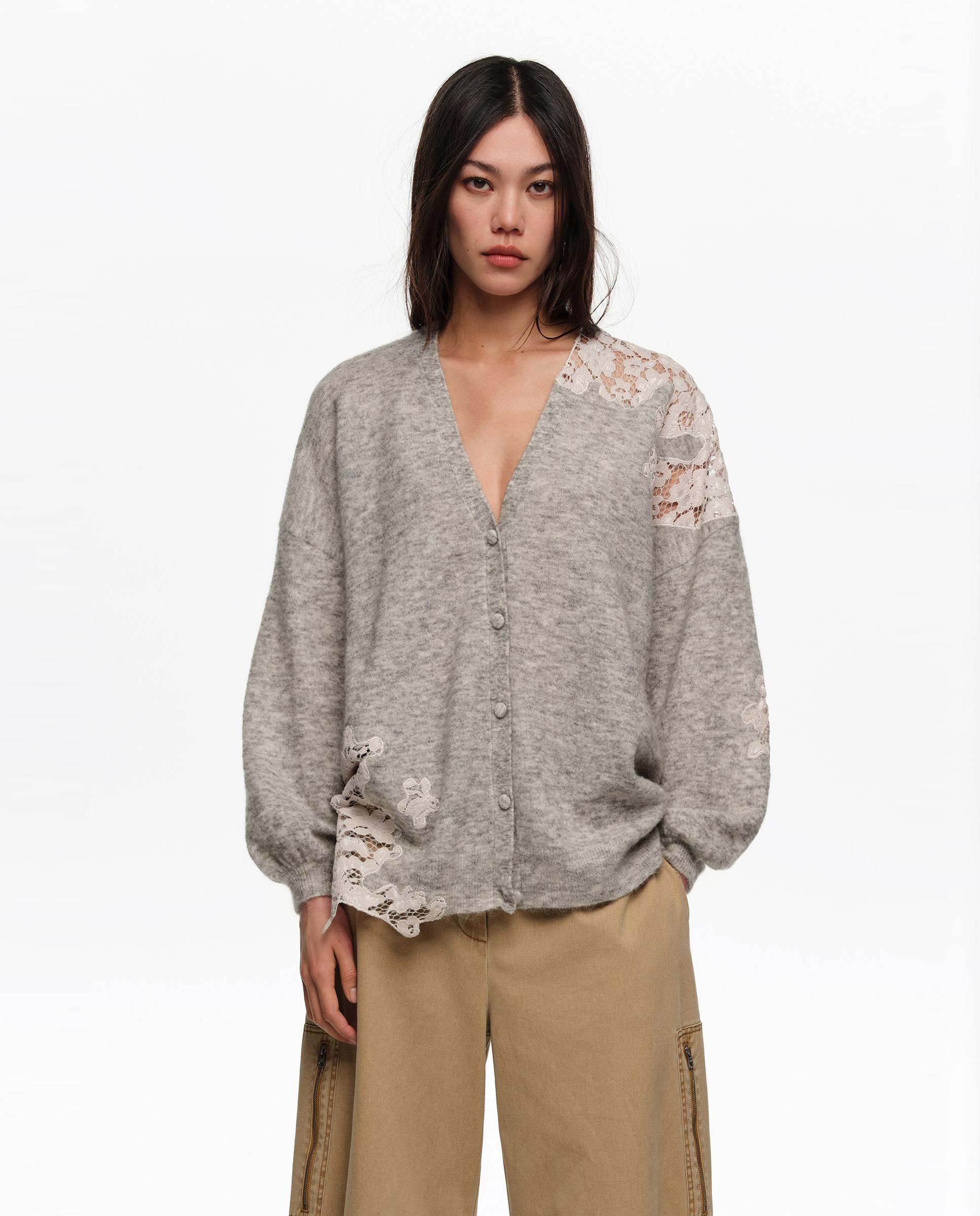 Cardigan Comprido com Renda Cinzento-claro-1