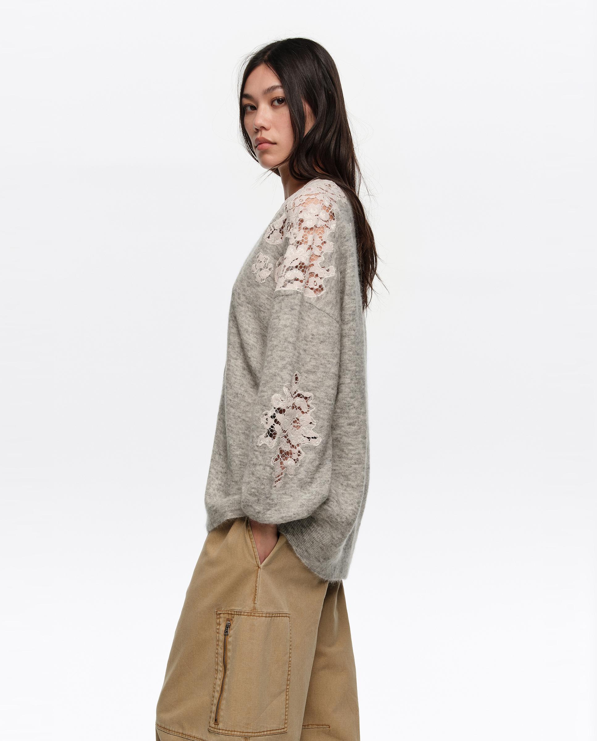 Cardigan Comprido com Renda Cinzento-claro-3