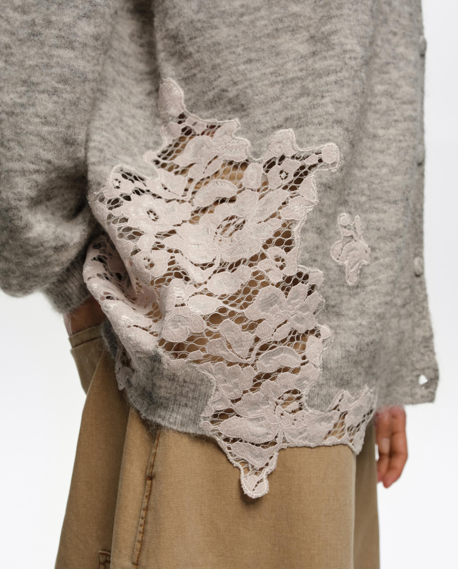 Cardigan Comprido com Renda Cinzento-claro-4