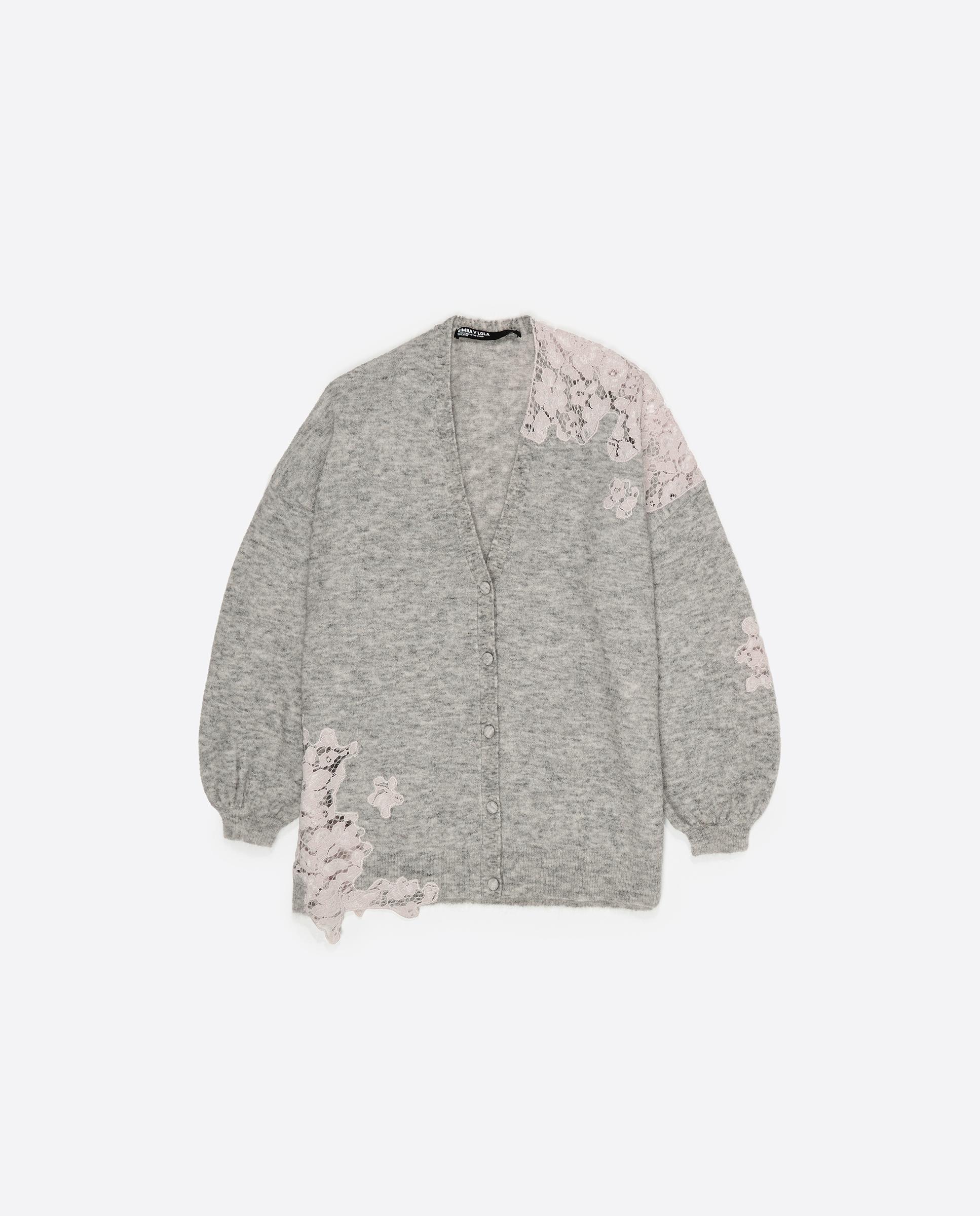 Cardigan Comprido com Renda Cinzento-claro-5